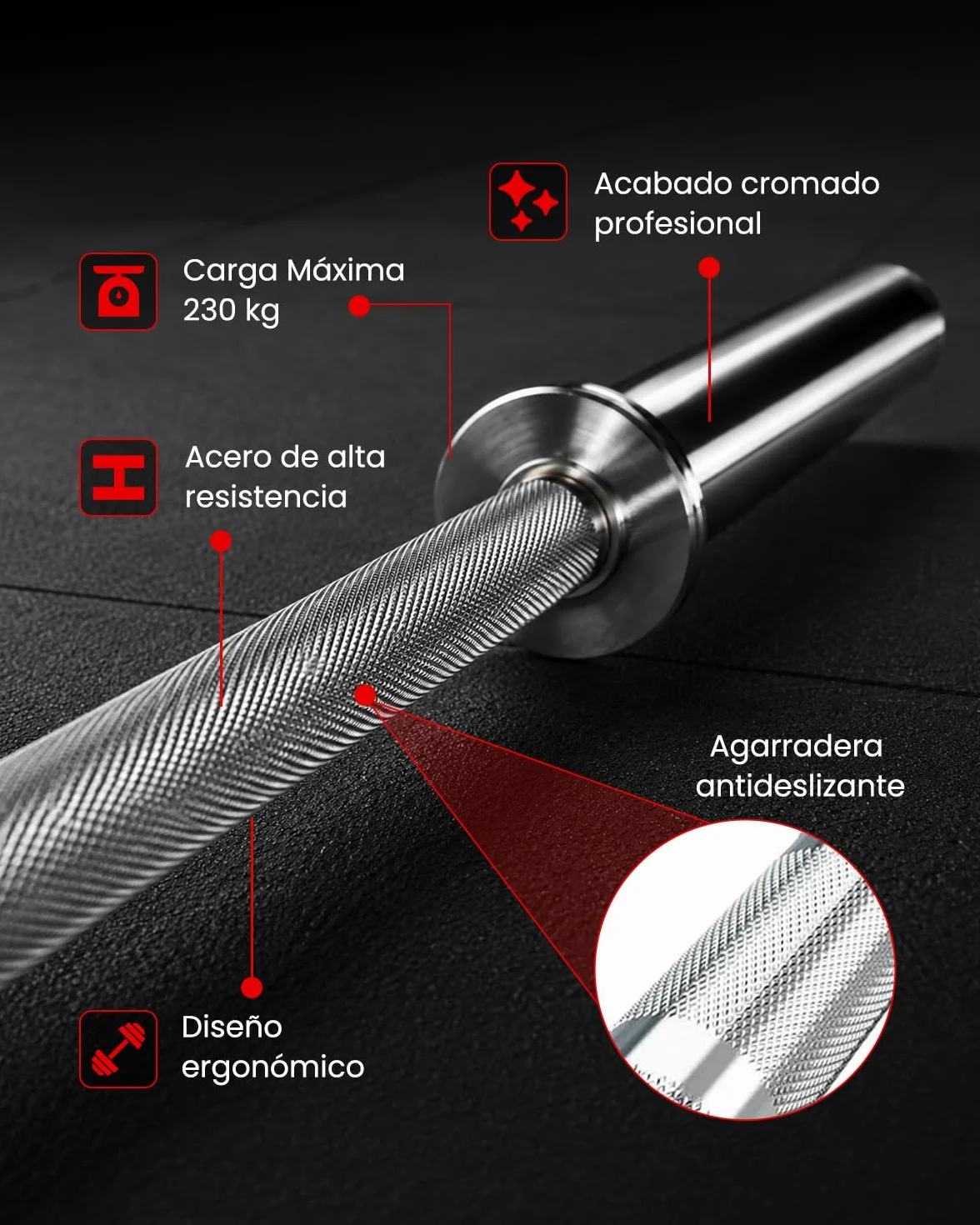 ManiBoom Barra olimpica 20kg, 220 cm para Discos y Pesas de Ø50mm - Barra de MUSCULACION para Press Banca, Halterofilia Crossfit - Barra Olímpica Carga máxima de 230kg para Gimnasio o Casa