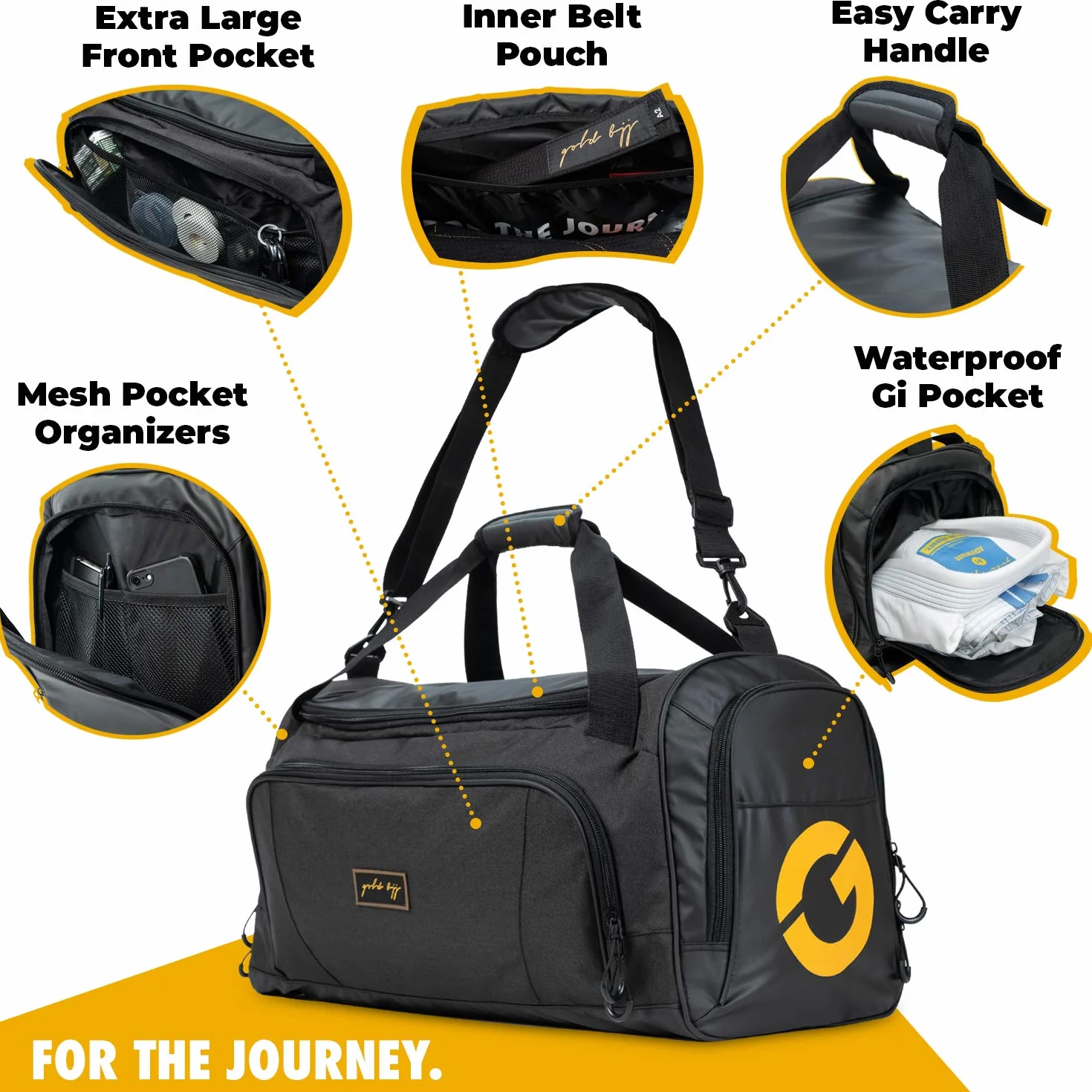 Gold BJJ Jiu Jitsu Duffle Bag - Waterproof Pocket for Sweaty Gi, Rashguard, or Shoes - The Duffel Bag for Martial Arts Gear, Boxing, MMA, and More