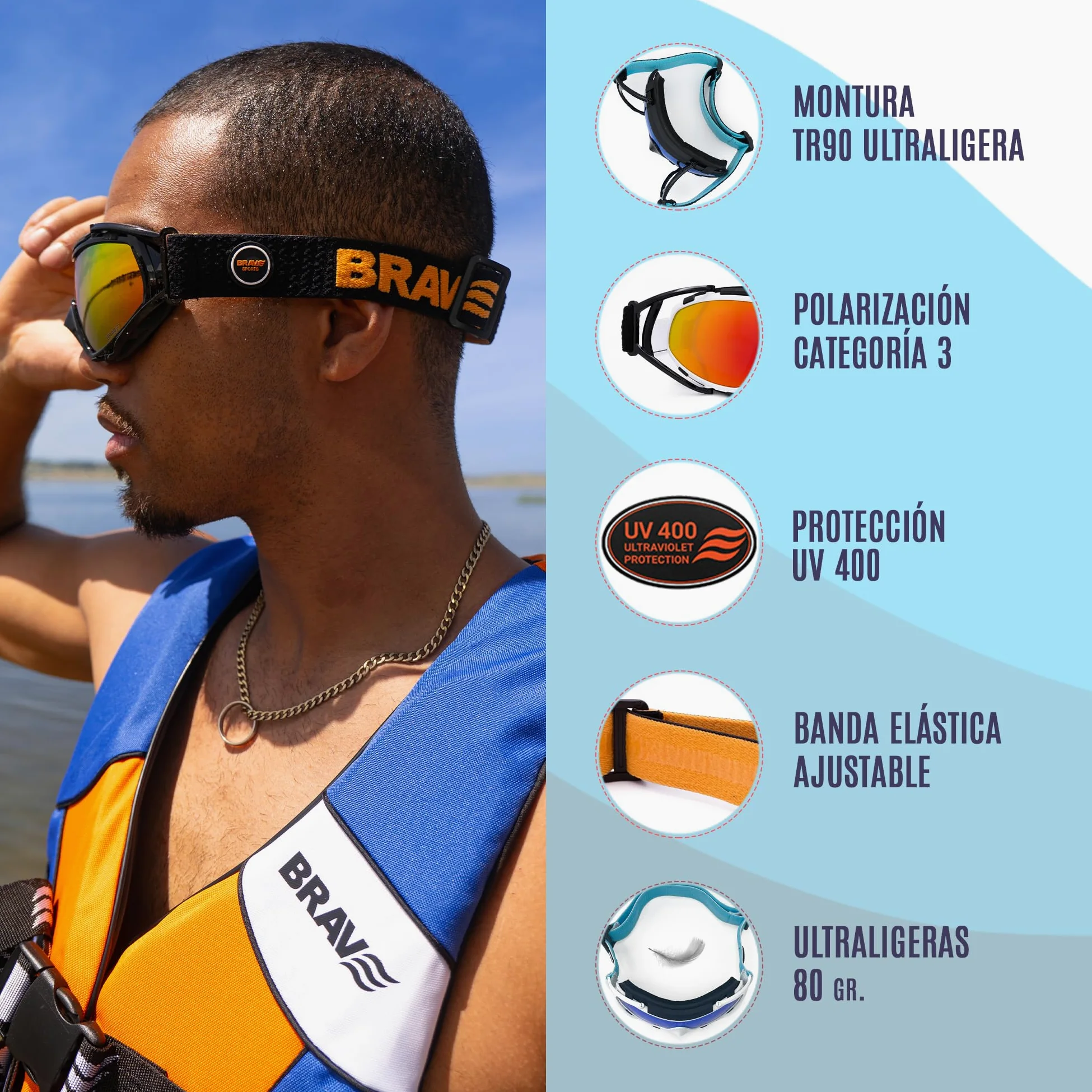 BRAVE BREEZE – Gafas Deportivas Tipo Goggle para Running, Ciclismo y Outdoor – Polarizadas UV400 Cat.3 Anti-Fog – Cinta Ajustable Antideslizante – Certificación CE – Set completo