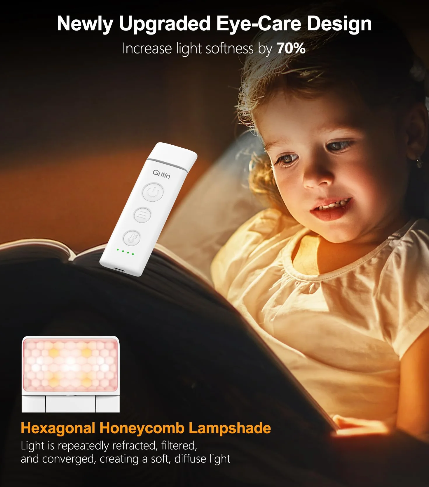 Gritin Lámpara de Lectura Recargable con Pinzas, 3 Colores Protección Ocular, 5 Brillos Ajustables