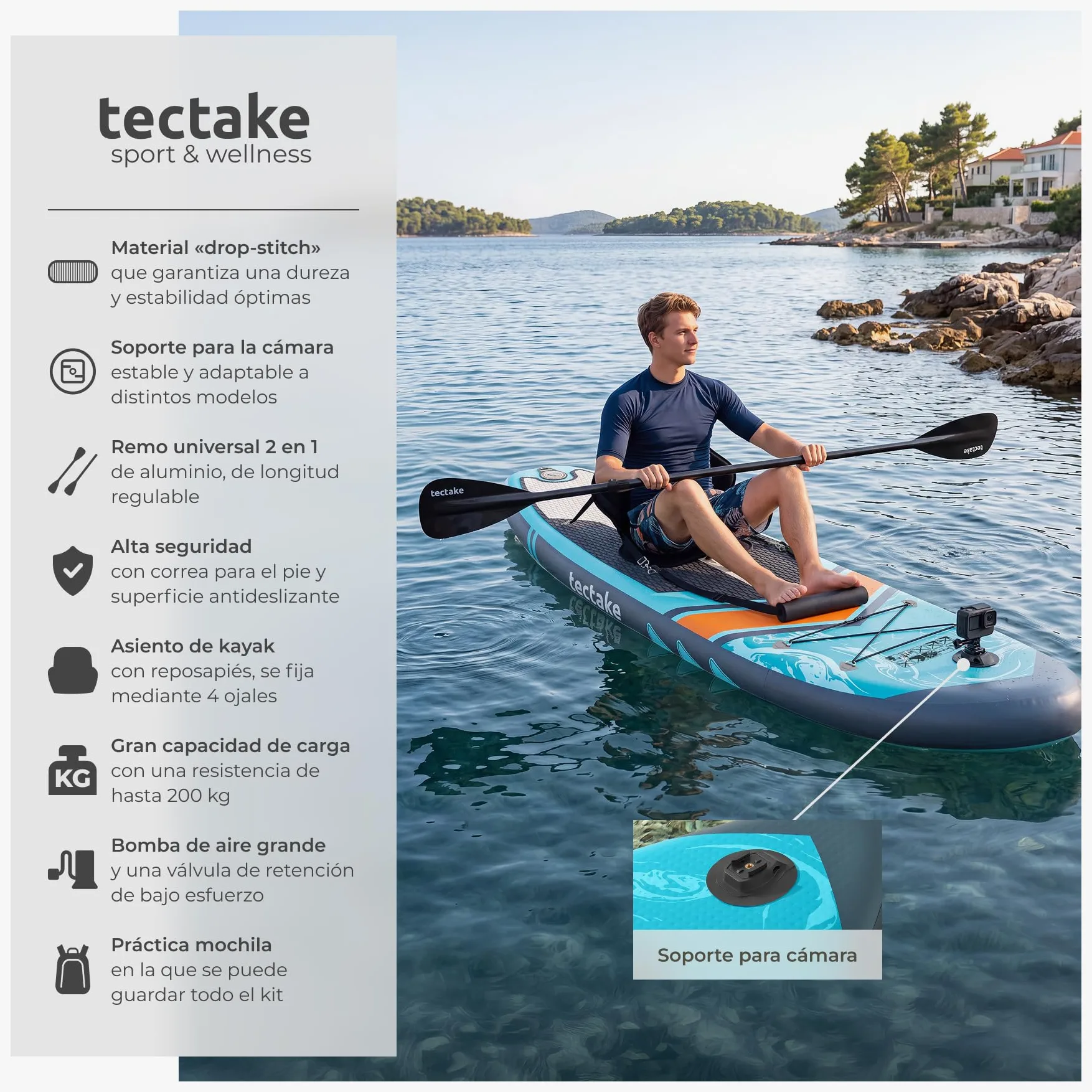 tectake® Tabla Sup Hinchable, Soporte Cámara, 200 kg, Antideslizante | Asiento de Kayak, hasta 200 kg, Antideslizante, 288 cm, Material Drop-Stitch, Raqueta Doble Ajustable, SUP, Turquesa/Naranja