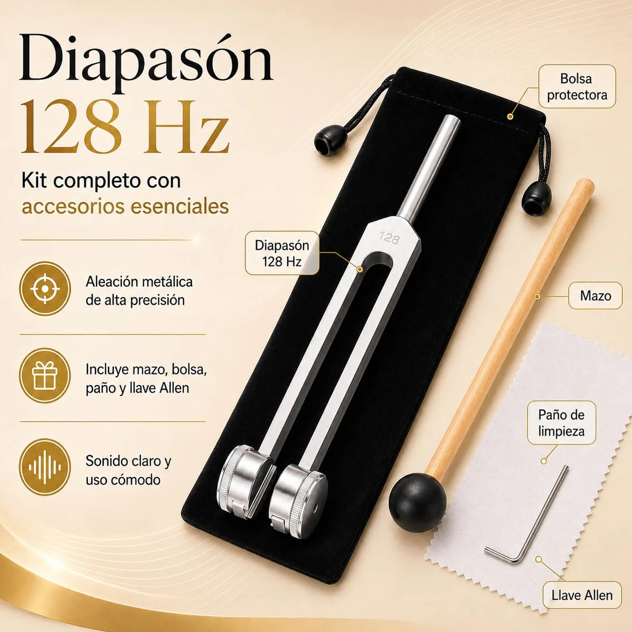 Aureva Lumyra Diapasón Terapéutico 128 Hz con Martillo de Goma, Bolsa y Paño para Meditación y Yoga
