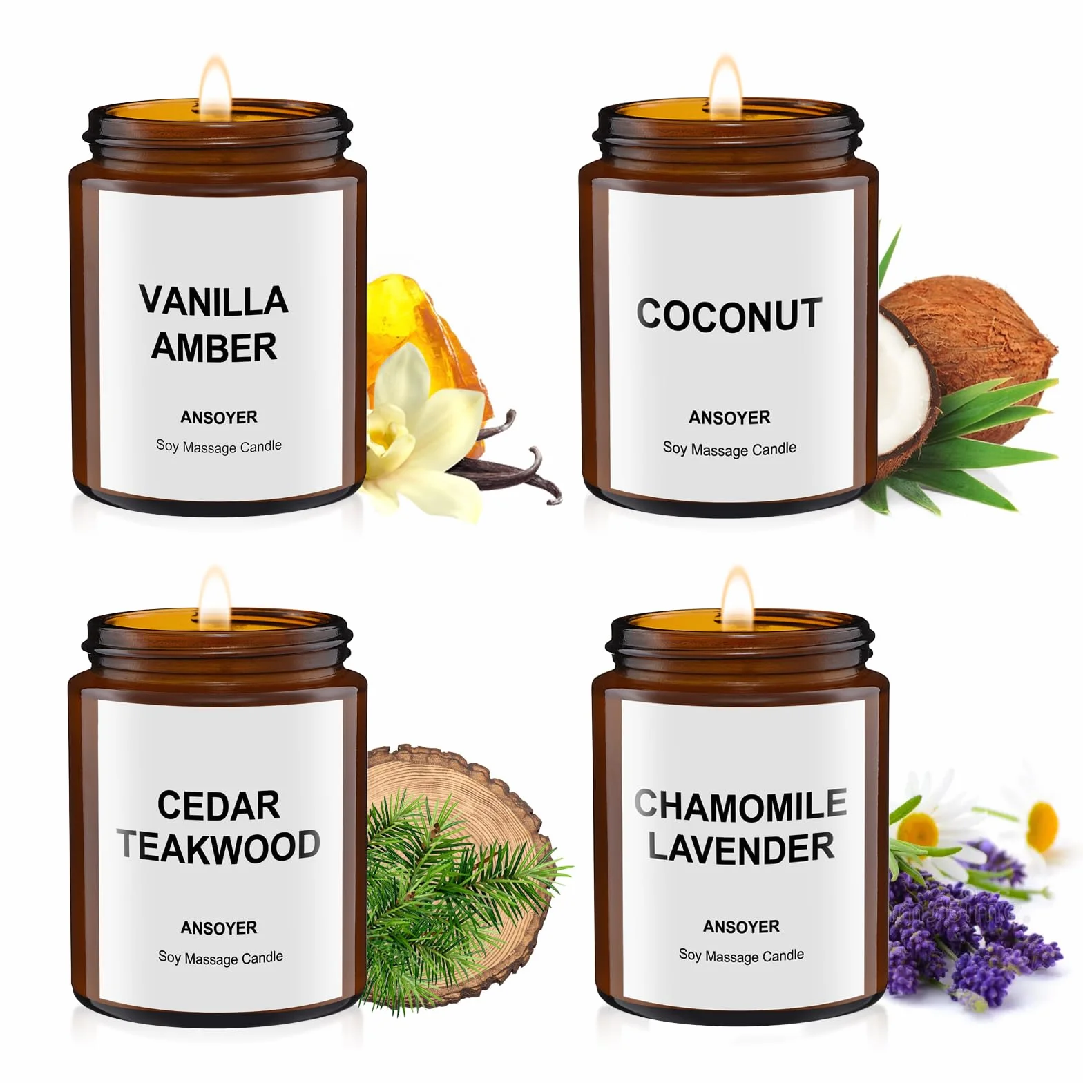 Velas de Masaje 4 Pack 512g Caja Regalo Ámbar Vainilla Coco Madera de Cedro Manzanilla Lavanda