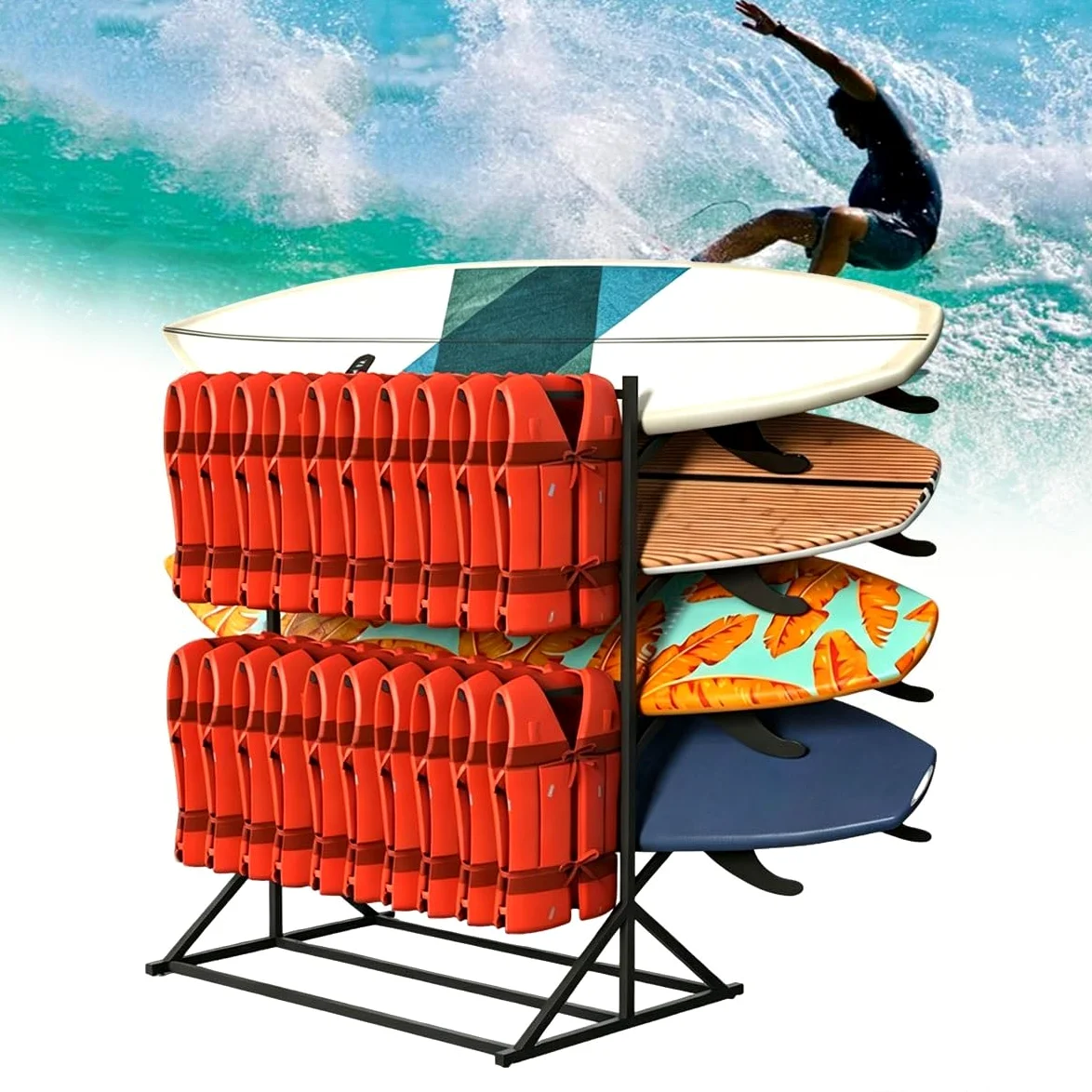Soporte Comercial para Tablas de Surf y Chalecos Salvavidas, Organizador de Equipo; Estructura metálica Resistente para Exteriores con Capacidad para 4 Tablas y 10 Chalecos Salvavidas.