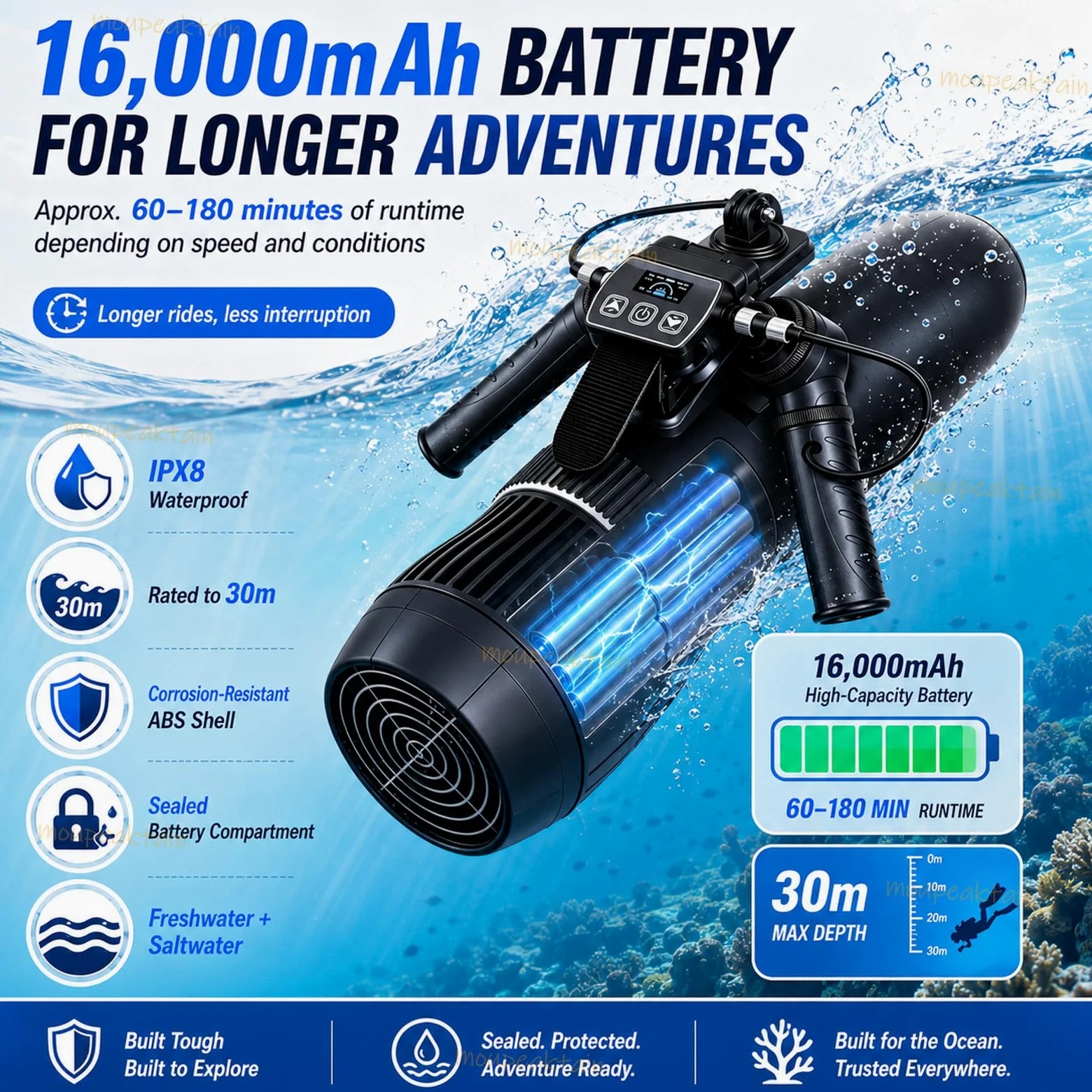 Scooter Submarino, Motor De 500 W, 9 Velocidades, Impermeable Ipx8 | Muestra Velocidad Y Baterías Del Scooter Y Mando, 3-9 Km/H, Control Dual, Para Agua Dulce O Salada