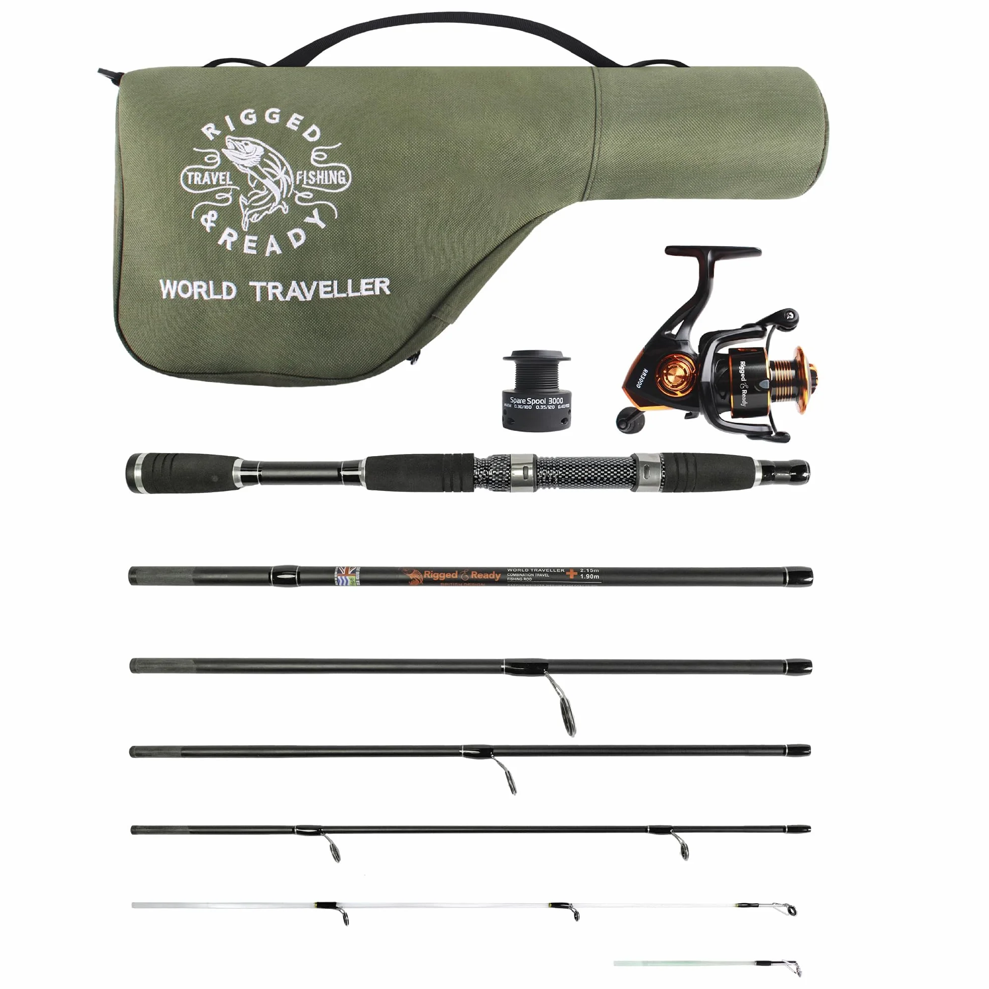 Rigged and Ready World Traveller Travel Fishing Rod Reel & Case Set Compact 6 Sections, 2 Tips 215 cm 7 Inches + 1.9 cm 6 Inches 2.5 cm Nano Carbon Fishing Rod Options Spin Bait Carp Pike Sea Fishing