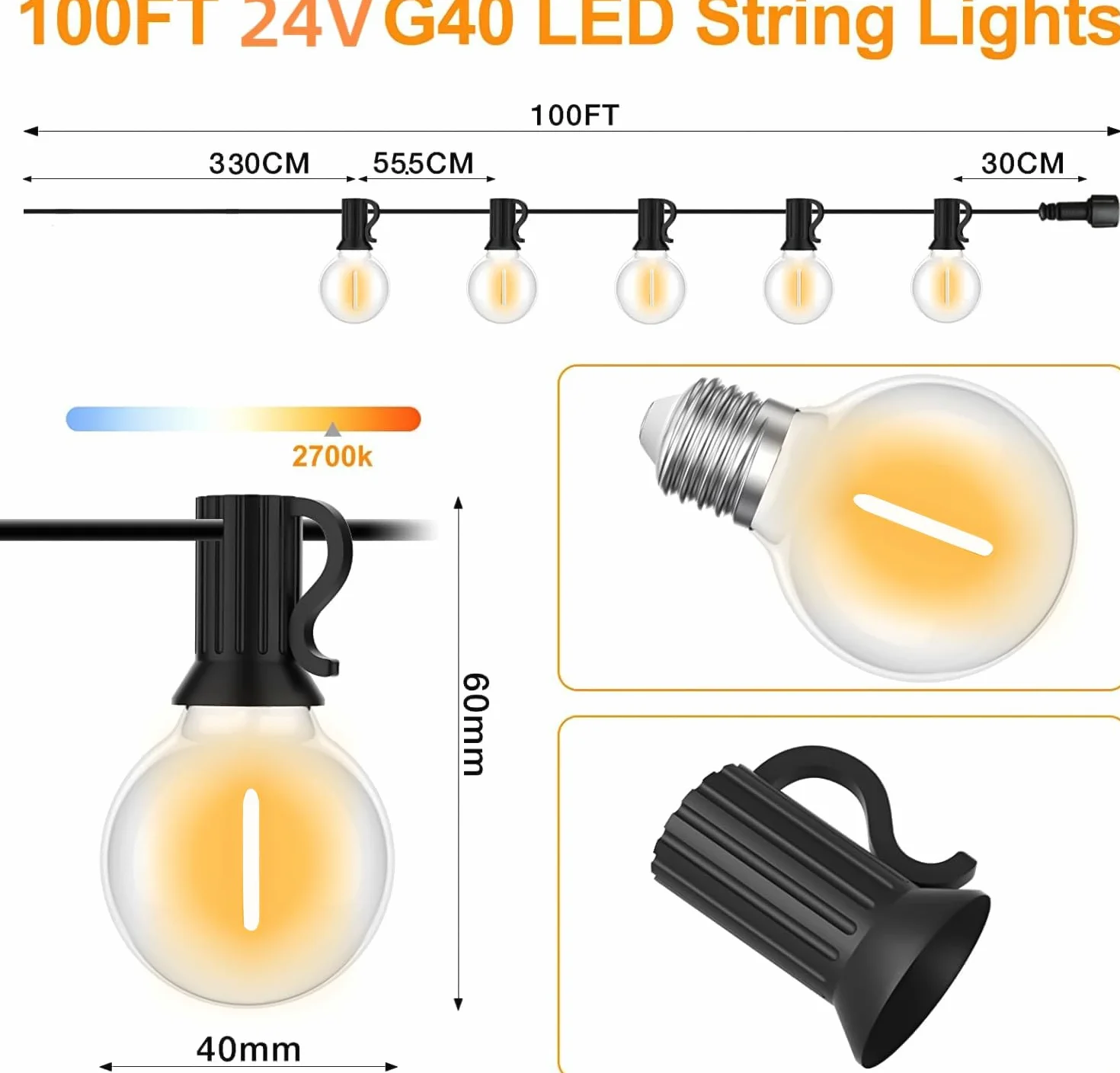 Guirnaldas Luces Exterior 30M LED G40 50+2 Bombillas Impermeable para Patio Boda Navidad