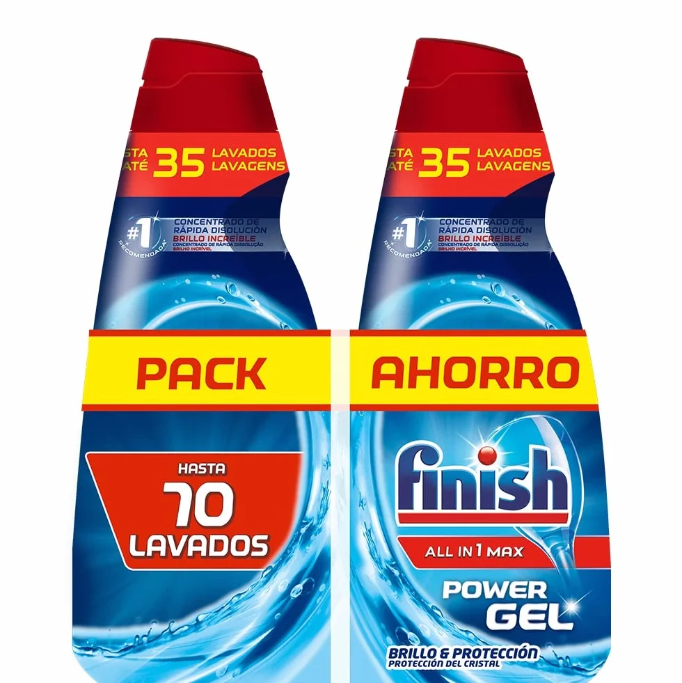 Finish All in 1 Max Power Gel Brillo&Protección, Detergente Gel Lavavajillas, 2 unidades - 70 lavados