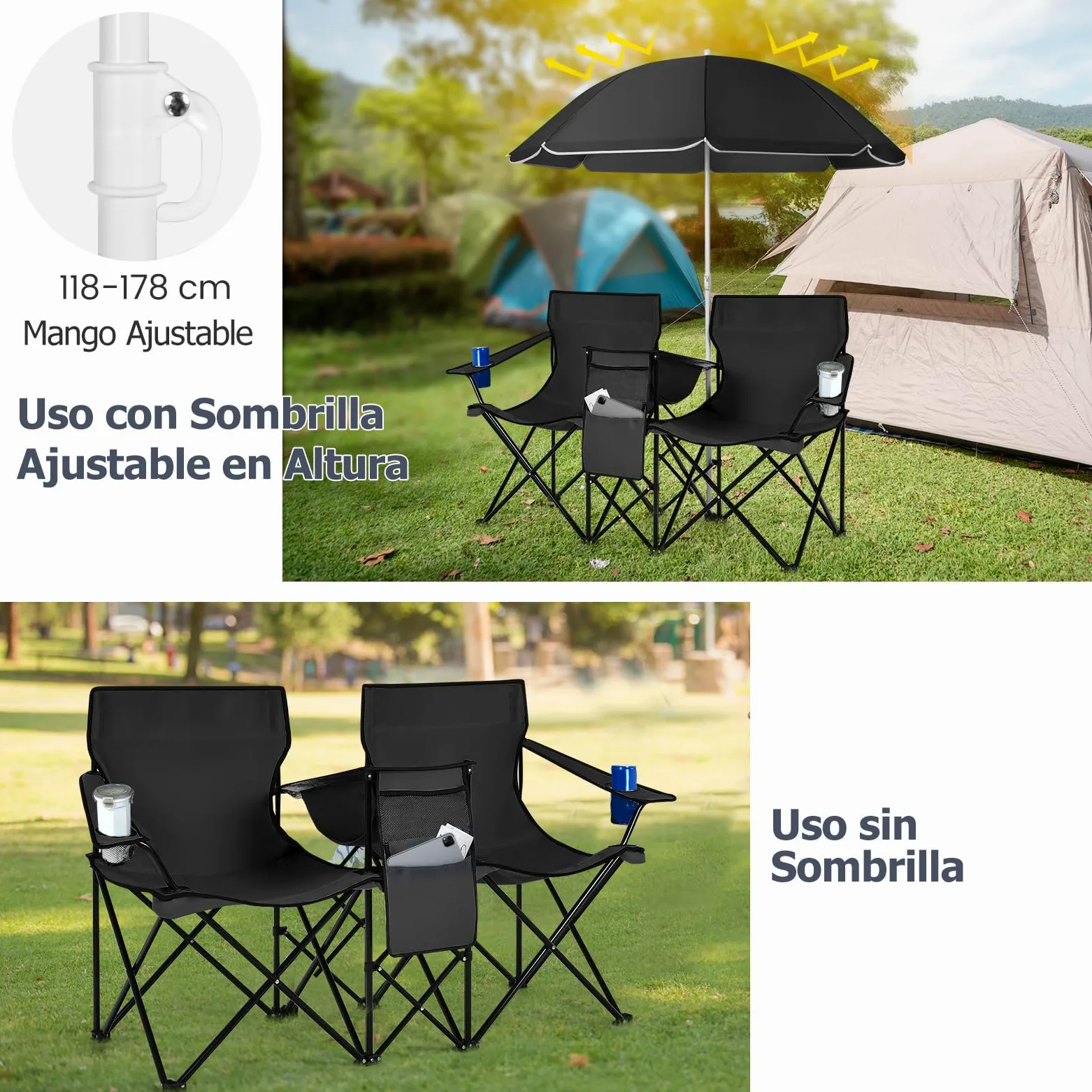 GIANTEX Juego de 2 Sillas de Camping Plegables con Sombrilla, Sillas de Pesca para 2 Plazas con Portavasos y Bolsa Nevera, para 2 Personas, con Bolsa de Transporte (Negro)
