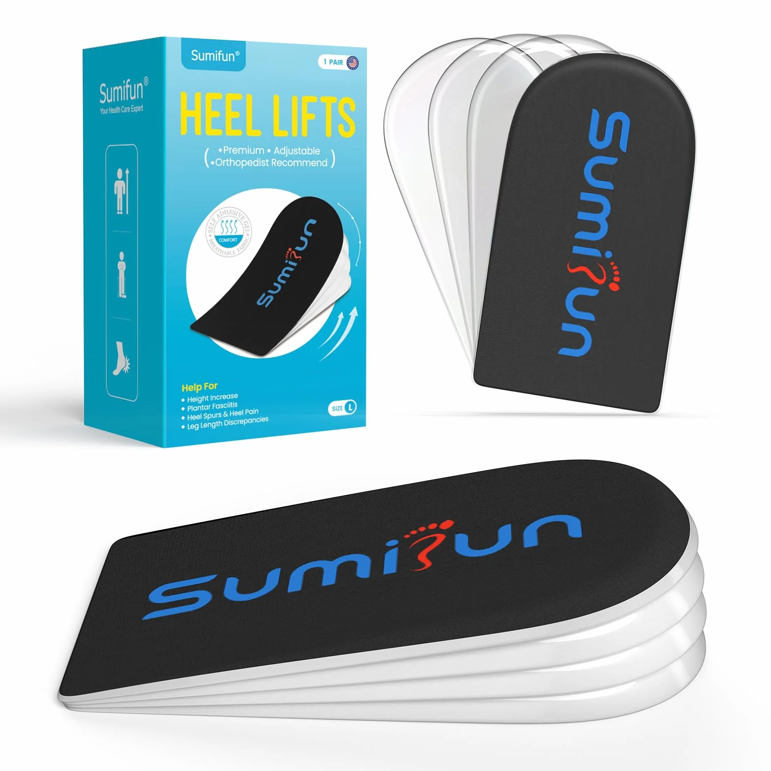 Sumifun Elevador de talón ortopédico ajustable 4 capas de gel 1 pulgada para mujeres con piernas desiguales