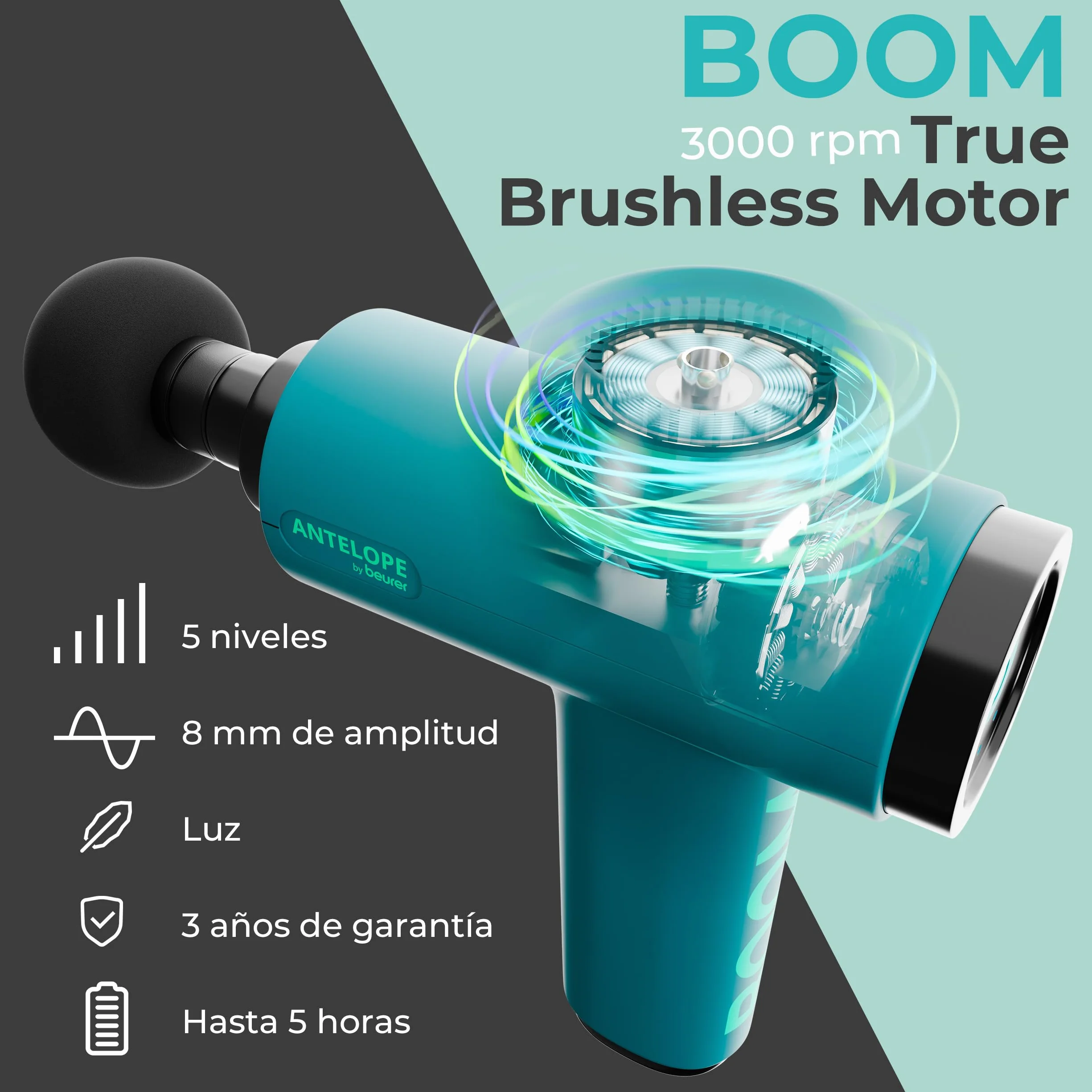 Beurer BOOM Pistola de masaje muscular, Massage Gun compacta, 4 accesorios, 5 niveles de intensidad, batería