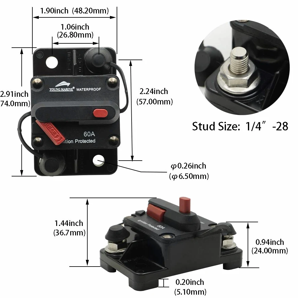 Young Marine Circuit Breaker for Boat Trolling with Manual Reset,Water Proof,12V- 48V DC (Surface Mount-60A)