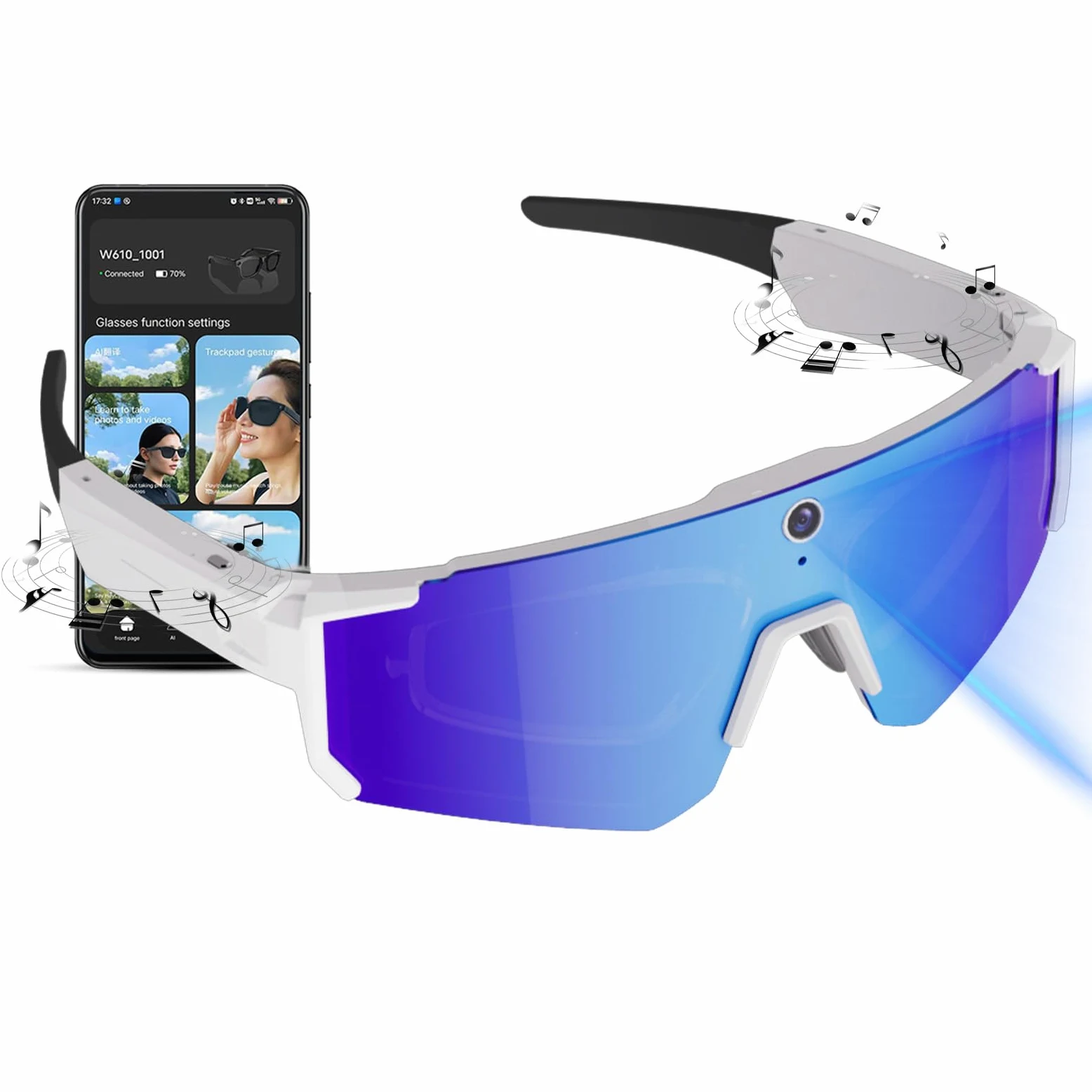 Gafas Inteligentes de Ciclismo con Inteligencia Artificial, Lentes de Sol Inteligentes con Bluetooth, Control de Voz, reconocimiento de Objetos (Blue Lens+White Frame)