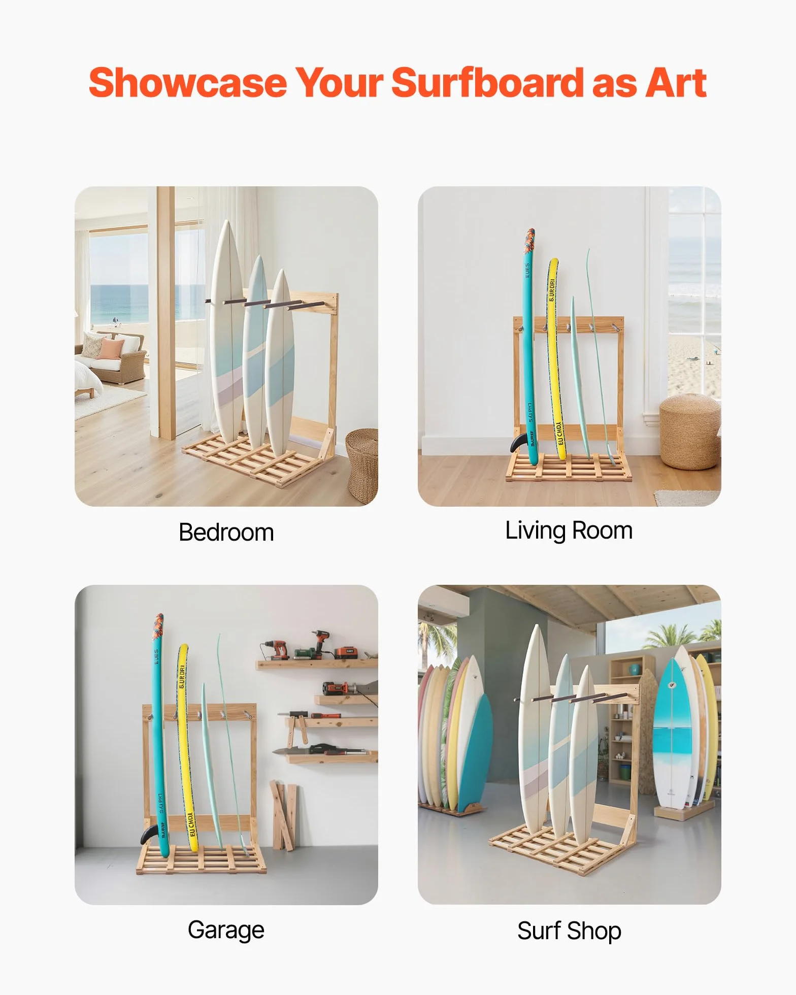 VEVOR Soporte Vertical para Tablas de Surf, Estante de Madera de 4 Niveles para Almacenamiento y Exhibición