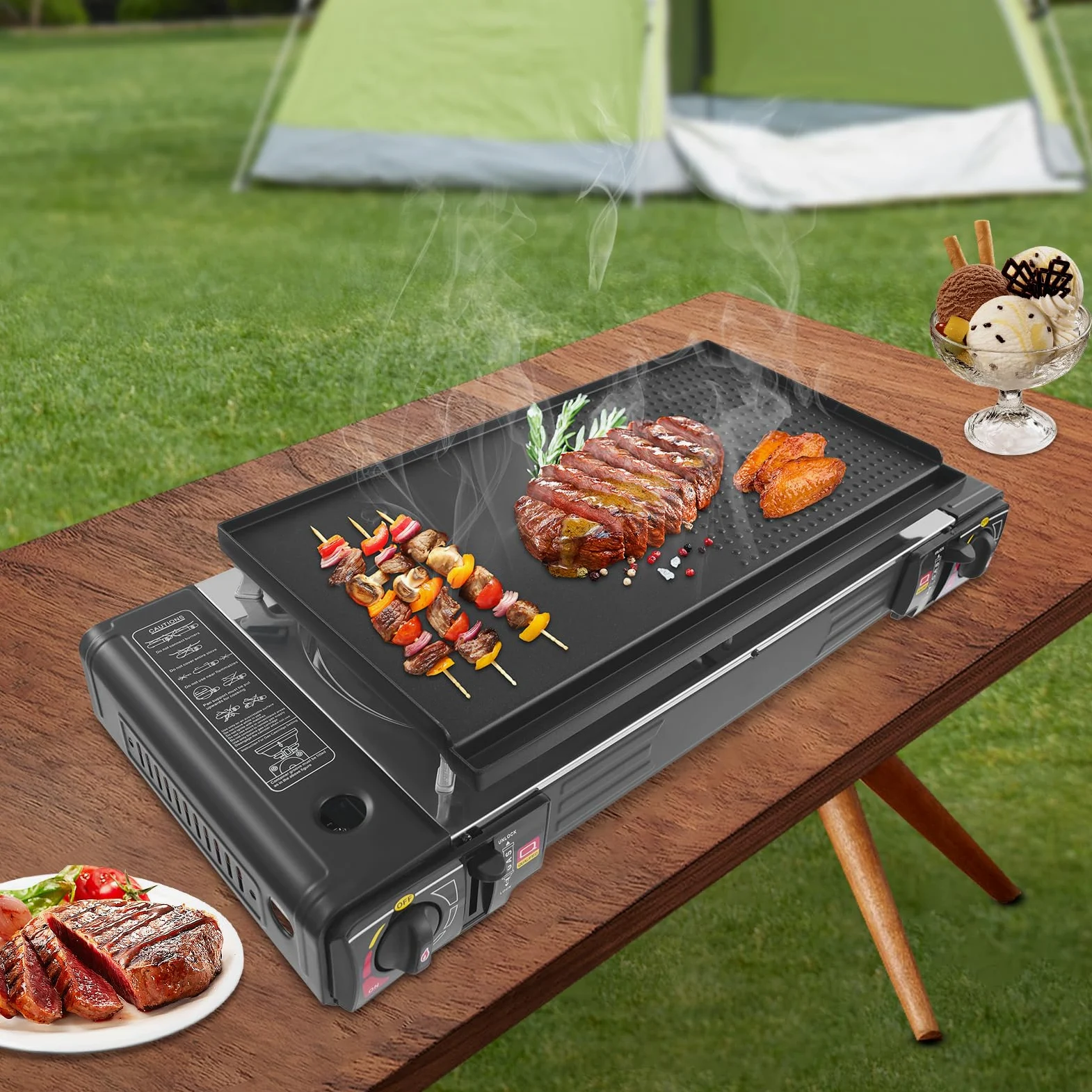 Hornillo de gas para camping de 2500 W, 2500 W, set con parrilla, placa de gas portátil con maletín, cocina de gas rectangular doble, cocina de camping, cocina de gas para exterior, balcón y mesa