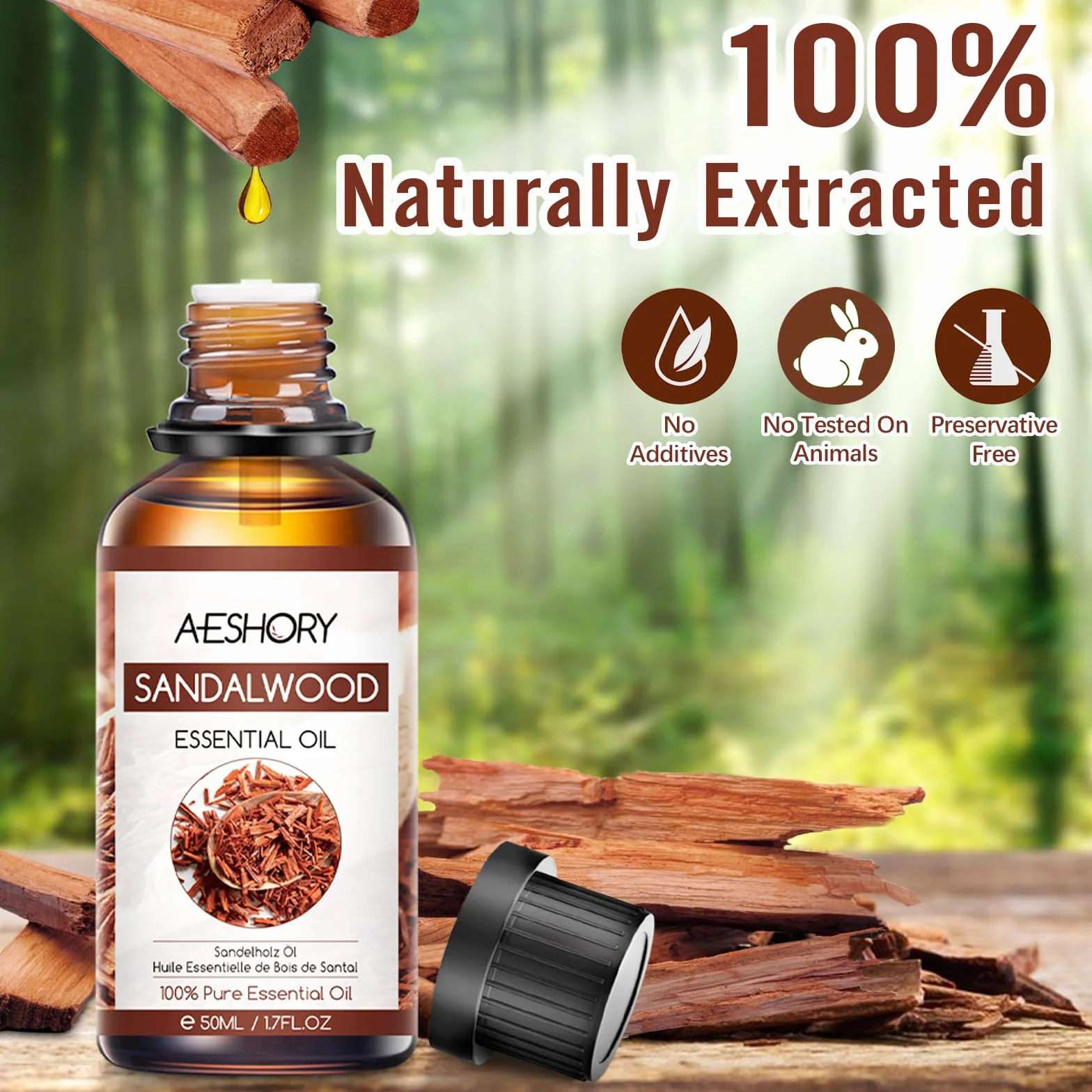Aceite Esencial de Sándalo 50ML, Natural Aromaterapia, Aceite de Fragancia Premium para Difusor, Masaje, Baño, Cuidado de la Piel