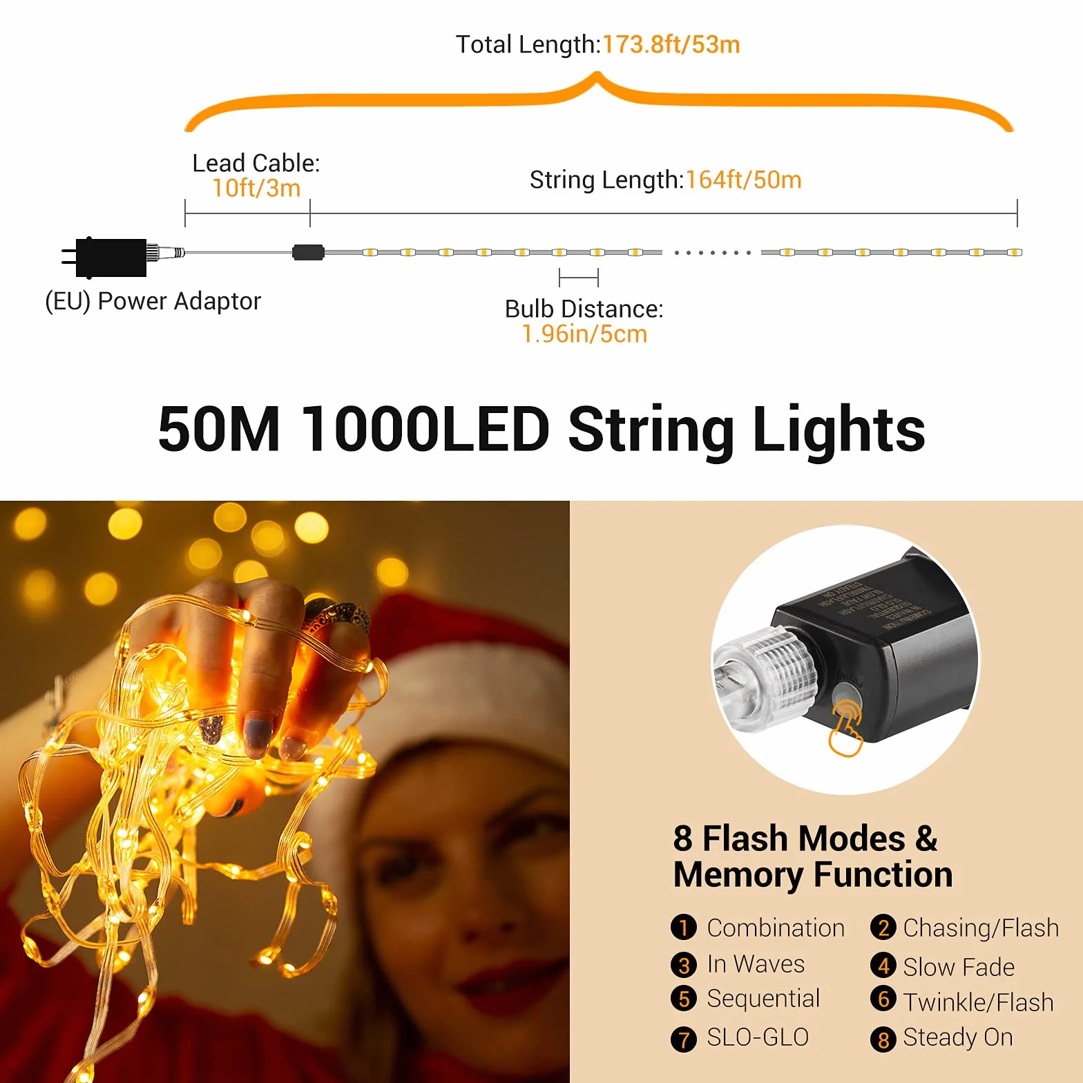 GlobaLink Tubo LED Navidad Exterior 1000LEDs 50M IP44 Impermeable Tira Luces PVC Blanco Cálido
