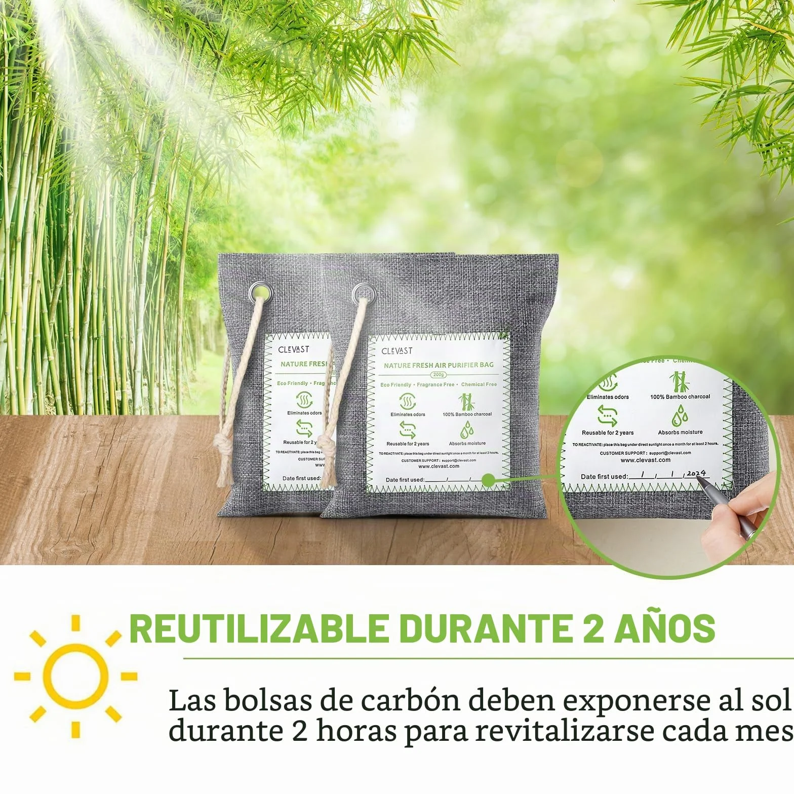 CLEVAST Bolsas Purificadoras de Aire de Carbón de Bambú 50g*12+200g*2 Eliminador de Humedad