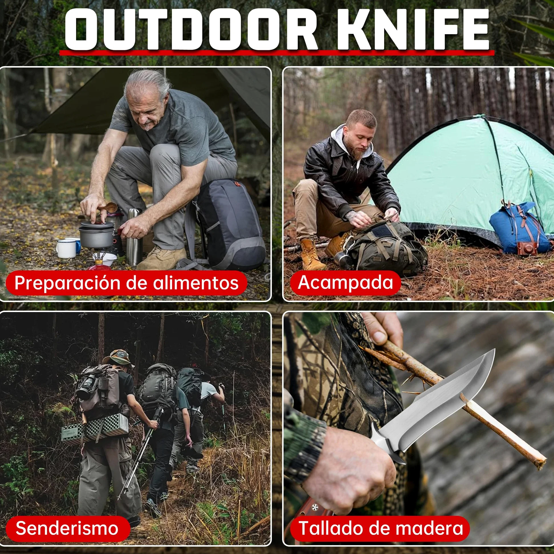 Plys Cuchillo Caza Cuchillo Supervivencia: Cuchillo de CinturóN de Hoja Recta Con Funda de Cuero,Pulsera de Paracord,Mango de Madera,Regalos Para Hombres