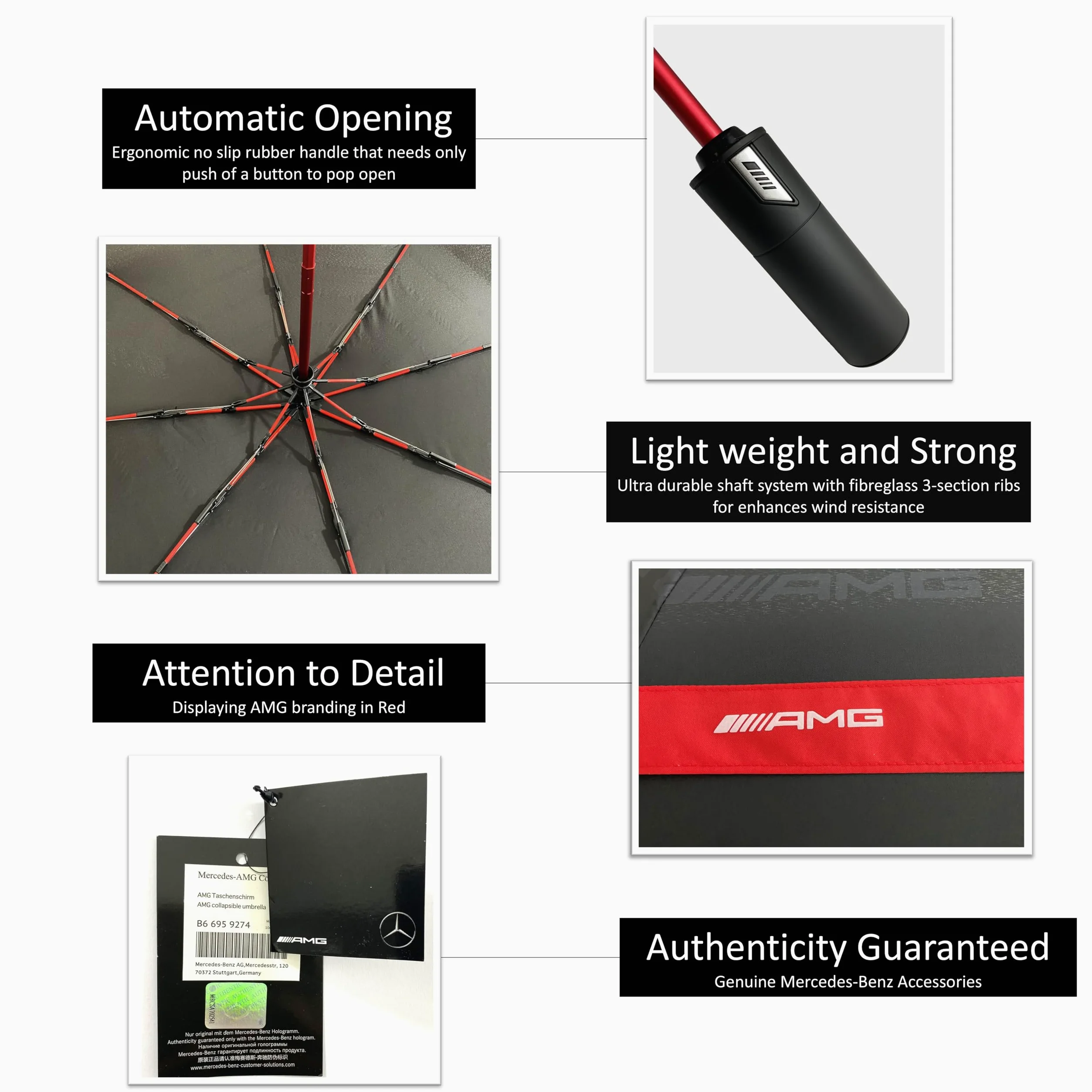 Paraguas Plegable AMG Auténtico – Antiviento, Apertura y Cierre Automáticos, Compacto de Viaje, Diseño Negro y Rojo Premium, Resistente y Ligero para Todo Clima