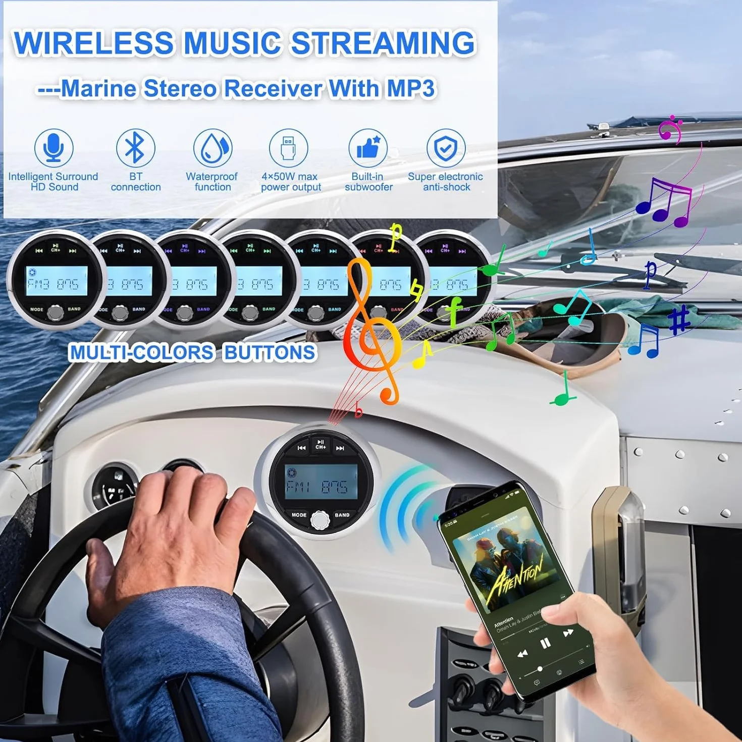 Geloo Barco Marina Impermeable Marine Radio Stereo MP3 Marino Compacto Receptor Multimedia FM Am Resistente al Agua Radio para Estéreo Barcos, Yates, Marinos, Cámper