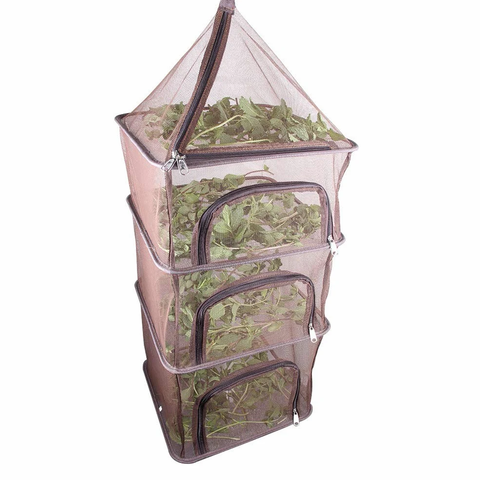 Red seca, para colgar, red seca, 4 compartimentos, almacenamiento de verduras y utensilios de cocina, cesta colgante para camping, viajes, pesca, barbacoa, etc., color marrón