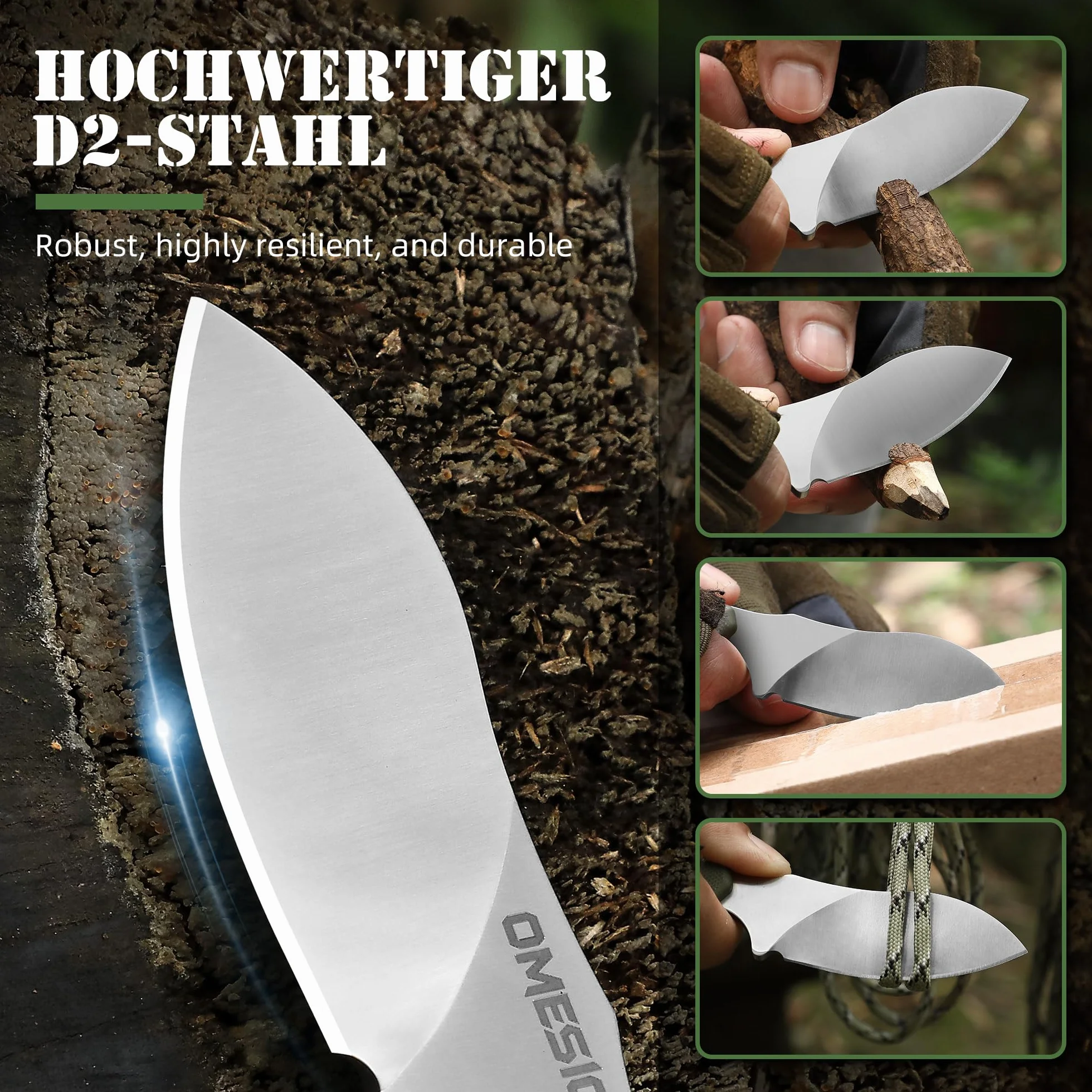 Omesio EDC Couteaux - Cuchillo de Cuello con funda Kydex, Cuchillo de Cuello Acero fijo pequeño D2 Full Tang Mango G10 Punta Nessmuk