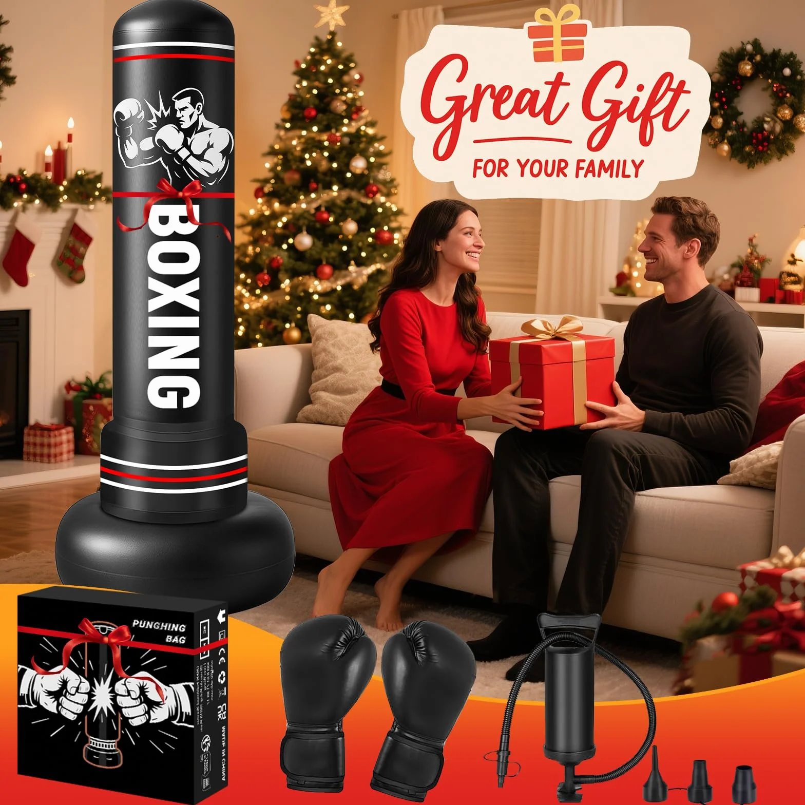 Saco de Boxeo Adultos, 190cm Sacos de Boxeo de Pie on Guantes y Bomba de Aire, Punching Ball Inflable Entrenamiento para Karate, Kickboxing, PVC Fitness Boxeo Regalo Ideal