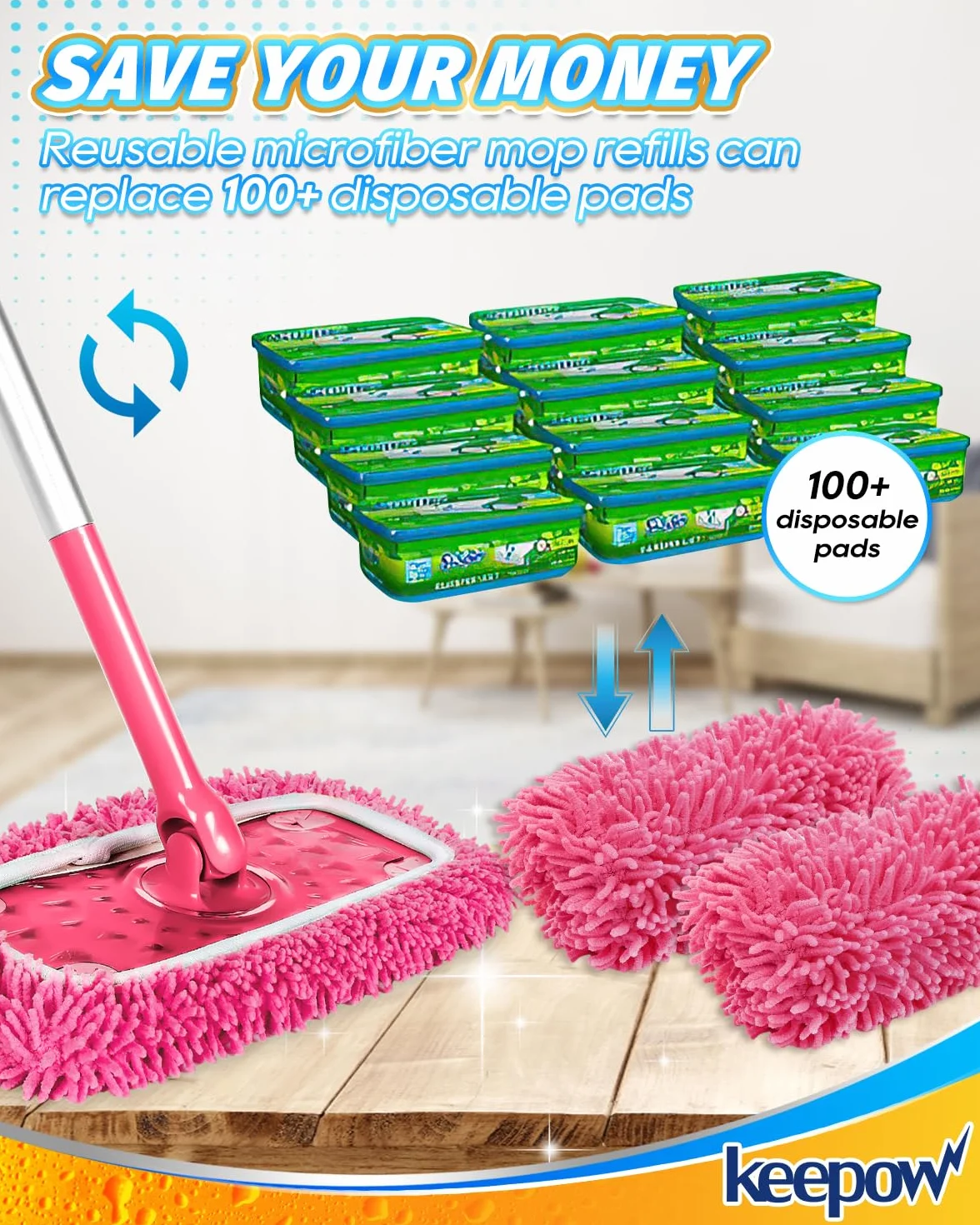 Toallitas de suelo reutilizables para Swiffer, microfibra rosa, 2 unidades, húmedas y secas, gran absorción de polvo