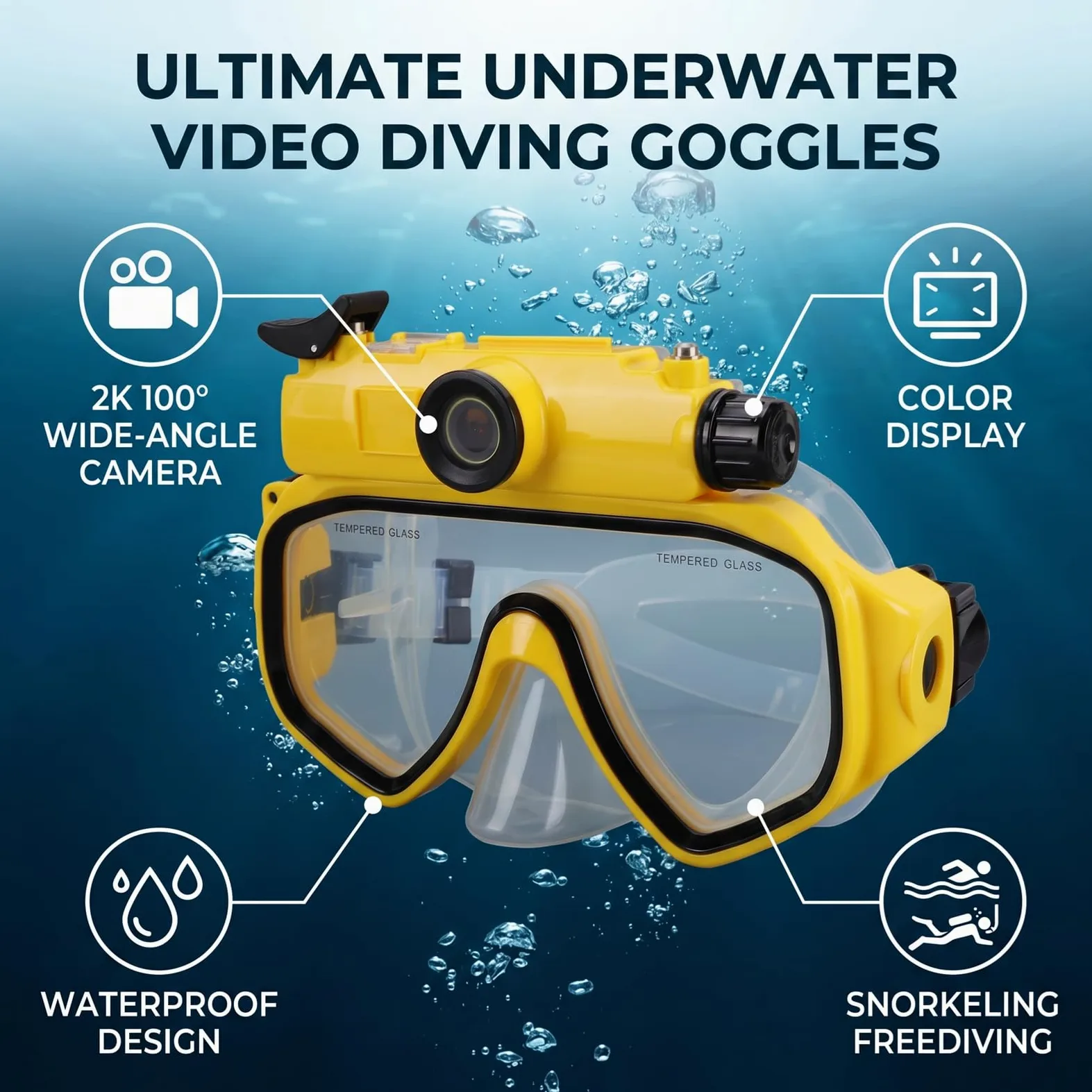 Gafas de Buceo con Cámara, Video 2K, Ángulo Amplio 100 Grados, | Impermeable hasta 15 M, Falda de Silicona, Vidrio Templado, Cámara Subacuática, Compatible con App, Ideal para Snorkel y