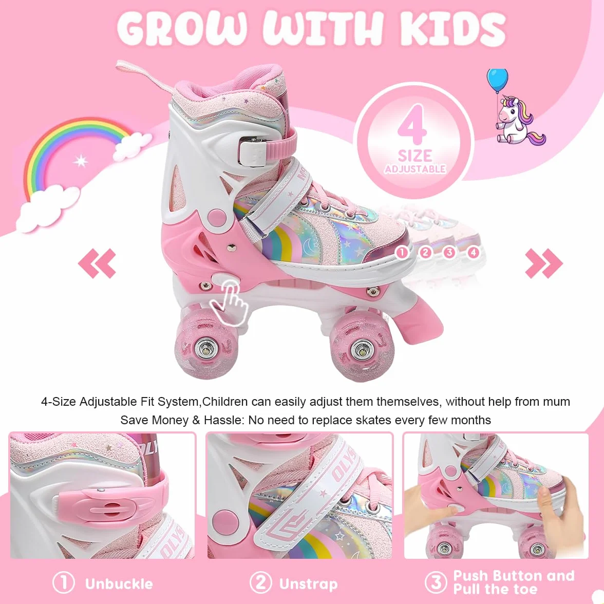 Patines 4 Ruedas LED Ajustables para Niña Principiante
