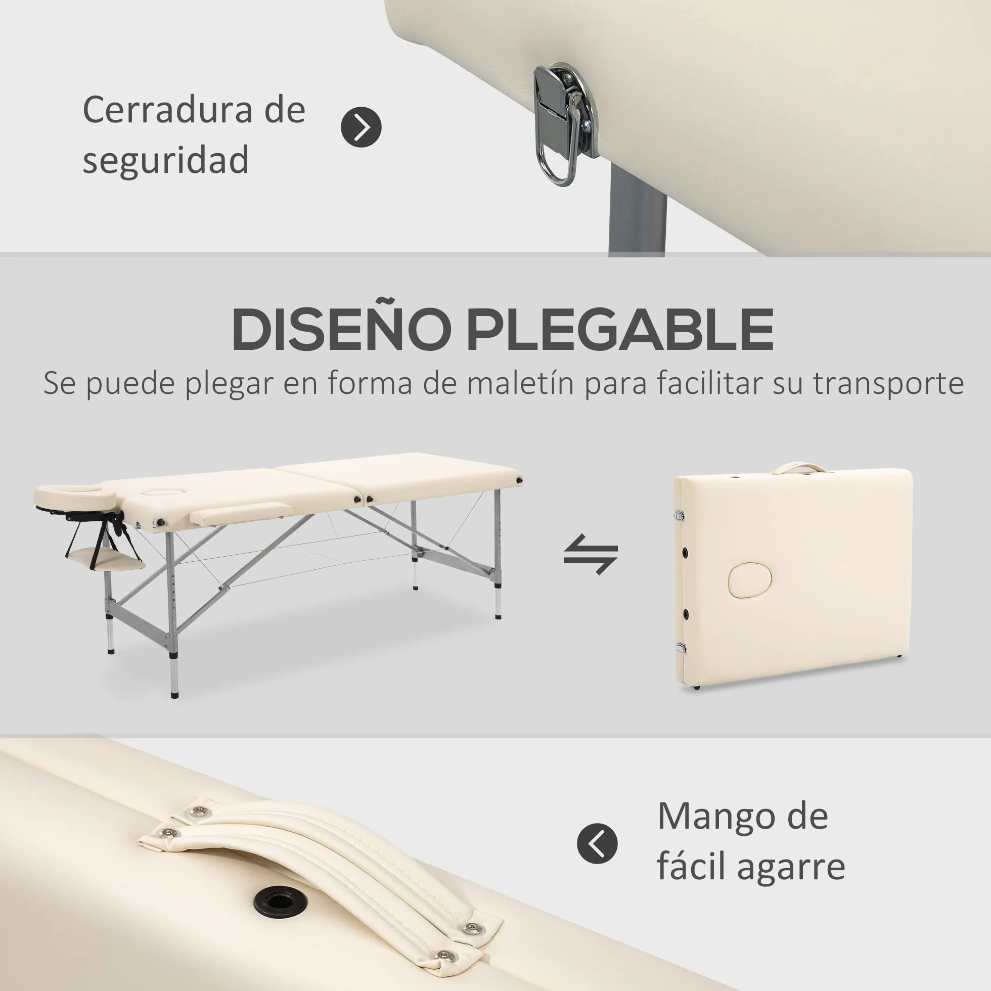 HOMCOM Camilla de Masaje Plegable Portátil con Altura Ajustable 7 Posiciones Marco Aluminio 130 kg 186x71x62-83 cm Beige