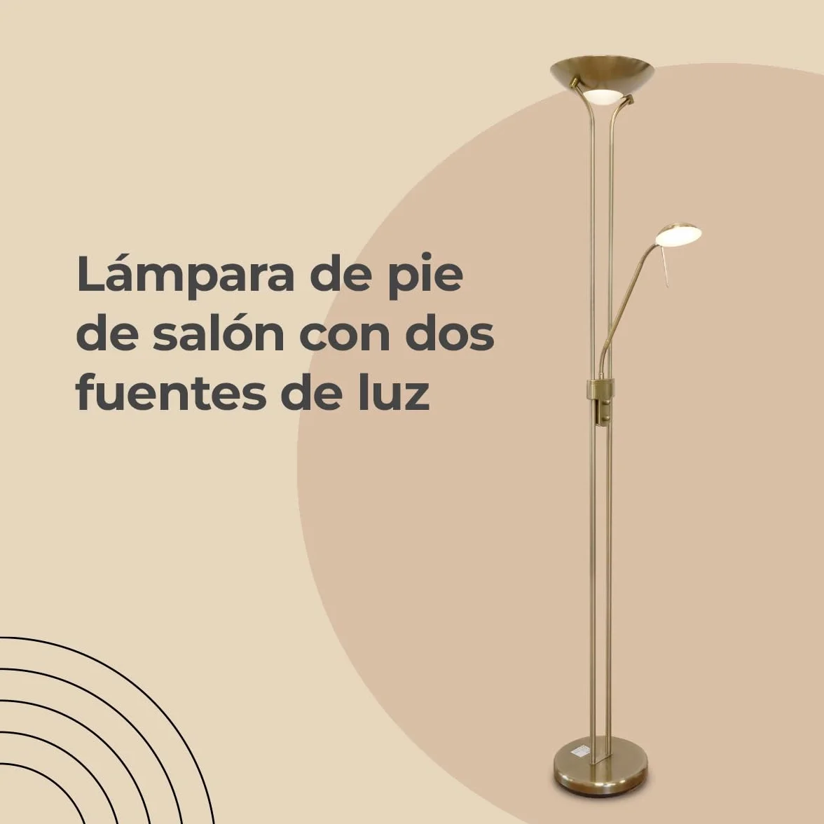 Lámpara pie salón LED SMD metal oro viejo 17W 3000K 1600lm H180cm Ancho 50cm IP20