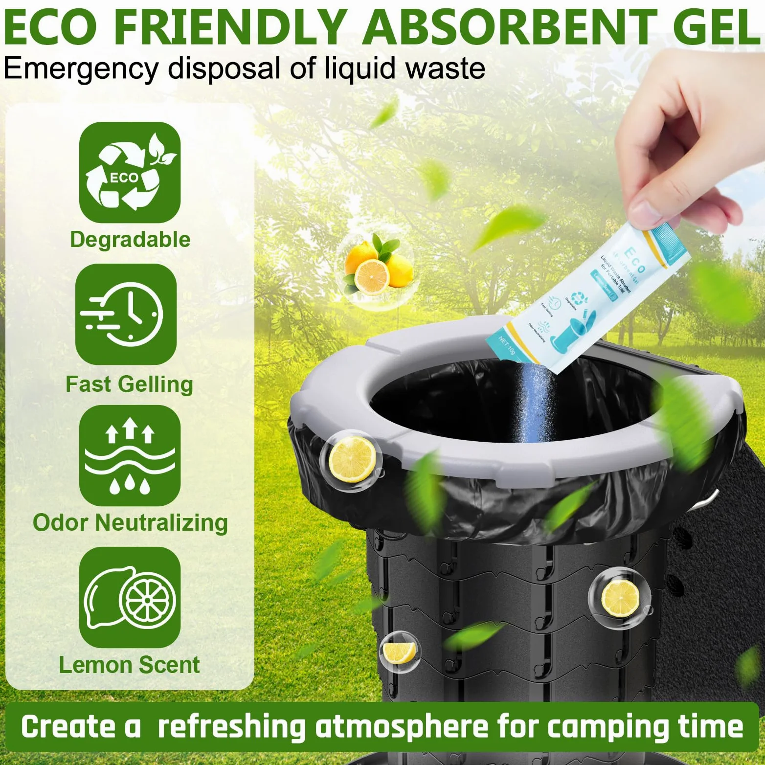 BLIKA Juego de bolsas de inodoro de gel ecológico para camping, bolsas de inodoro portátiles con gel, 8 galones, 30 litros, resistentes 1 mil, bolsas de repuesto para inodoro con polvo de inodoro para