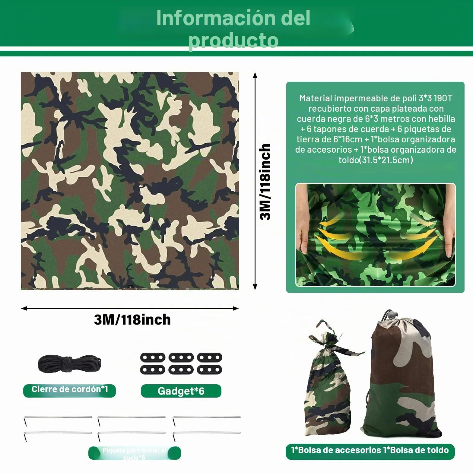 Toldo de Refugio Camping 3x3M, Toldo Camping Impermeable,Tienda de Campaña Tarp con 6 Cuerdas,6 Clavos de Tierra,2 Bolsa de Guarda,Lona Protectora Anti-UV para Vivac, Picnic, Playa, Hamaca