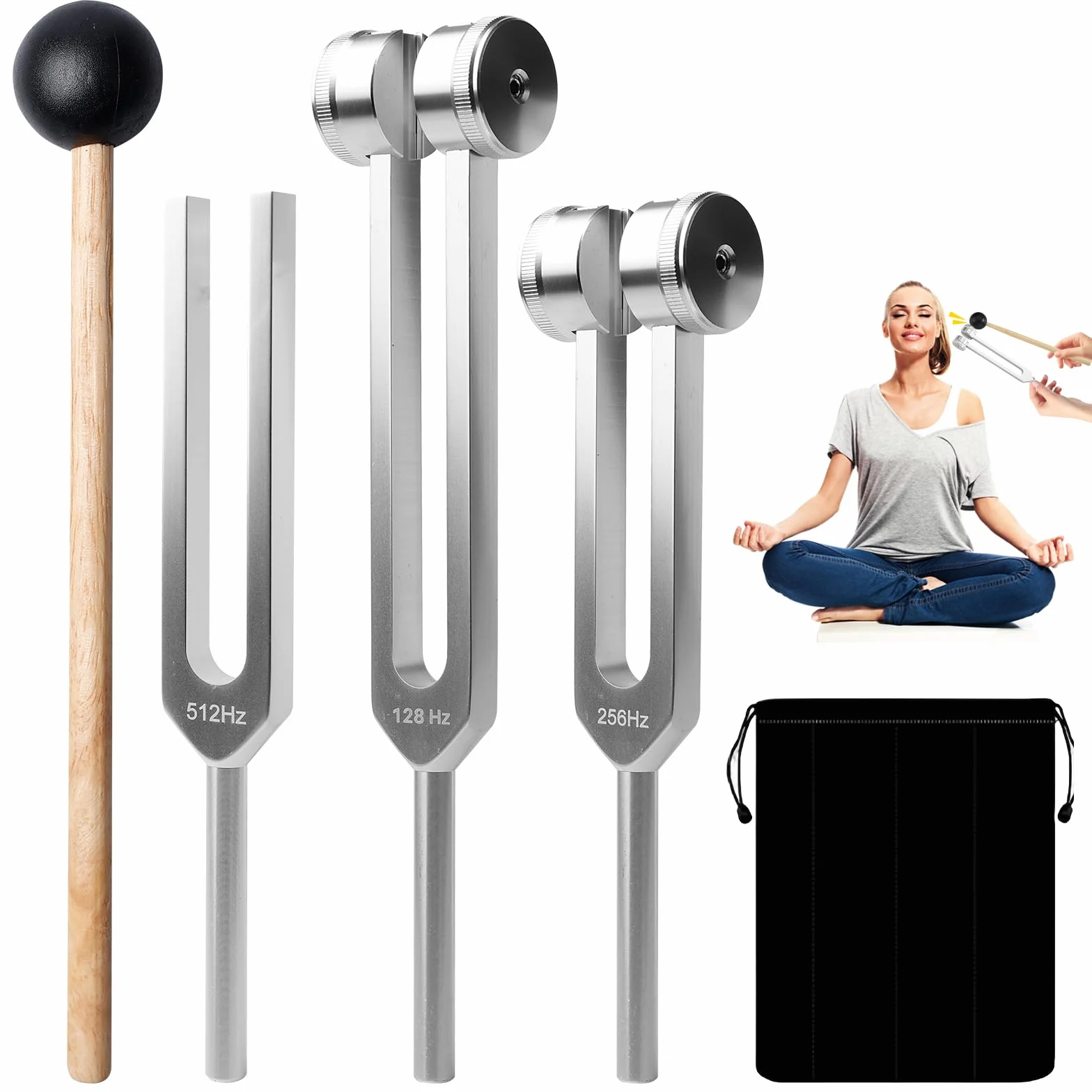 Juego de martillo de horquilla 3 diapasones 128 Hz 256 Hz 512 Hz con mazo bolsa de tela para terapia