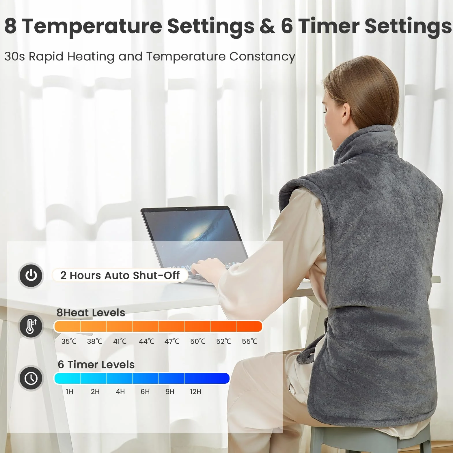 Uplayteck Almohadilla Térmica para Espalda y Cuello, 8 Niveles de Calor, 6 Ajustes de Temporizador, Apagado Automático y Calentamiento Rápido, Manta Eléctrica Lavable Franela (61×94cm)