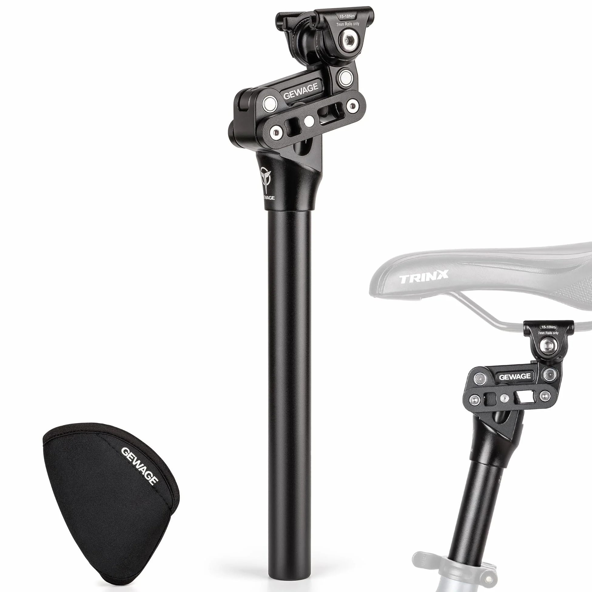 GEWAGE Tija de Sillín con Suspensión 350 mm, Paralelogramo, 40 mm | Suspensión de paralelogramo, aluminio 6061-T6, 40 mm, para 50–150 kg; e-bike, trekking, MTB y bicicleta urbana.