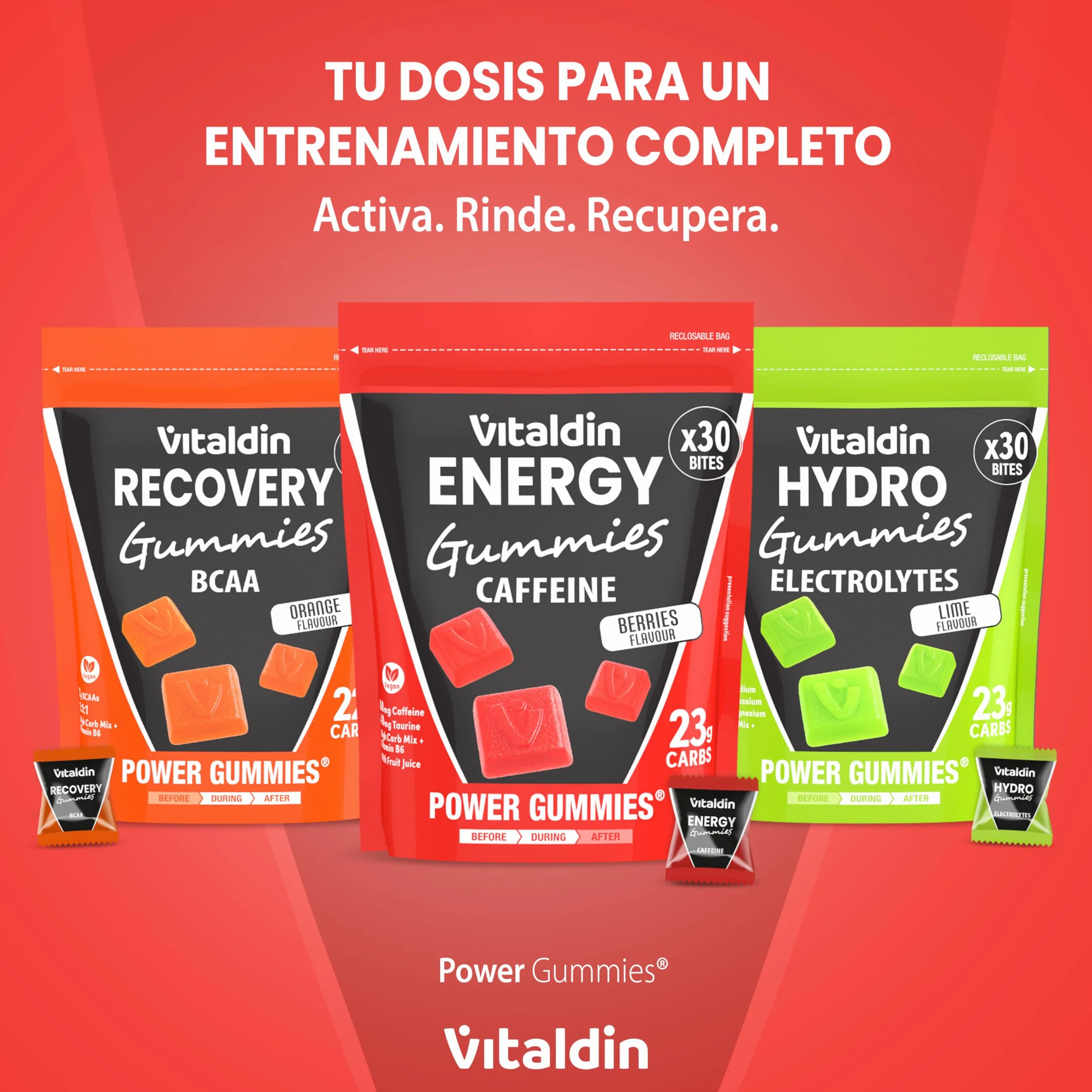 VITALDIN SPORT Power Gummies Caffeine & Taurine 80 mg Cafeína 40 mg Taurina Vitamina B6 30 Bites Sabor frutos rojos Vegano