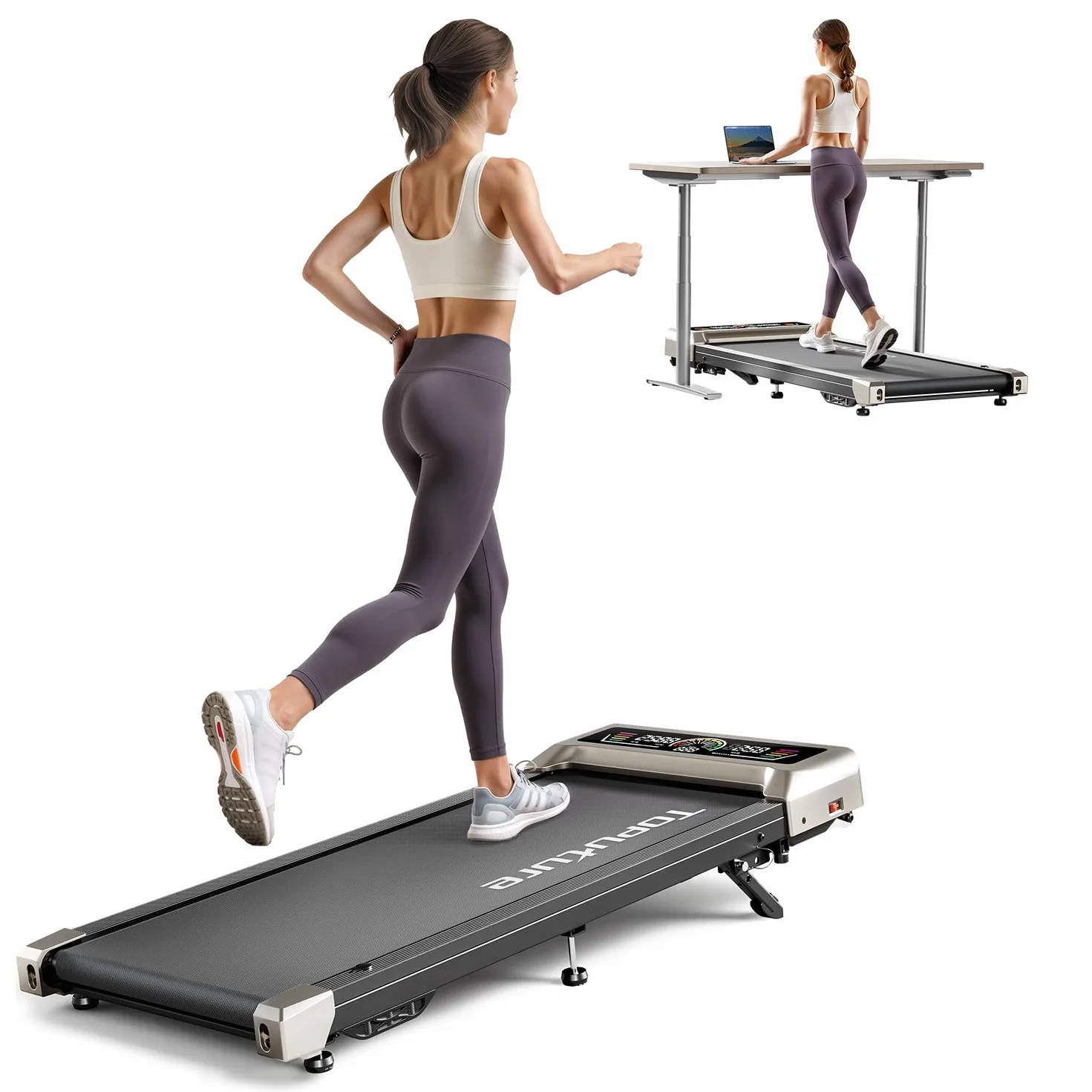 Cinta de Correr con Inclinación 0%-5%-10%, Toputure Cinta Andar Escritorio con 3.0 HP Motor Silencioso sin Escobillas, Walking Pad para Casa, Pantalla LED RGB Colorida, Magnético Mute Remoto & App