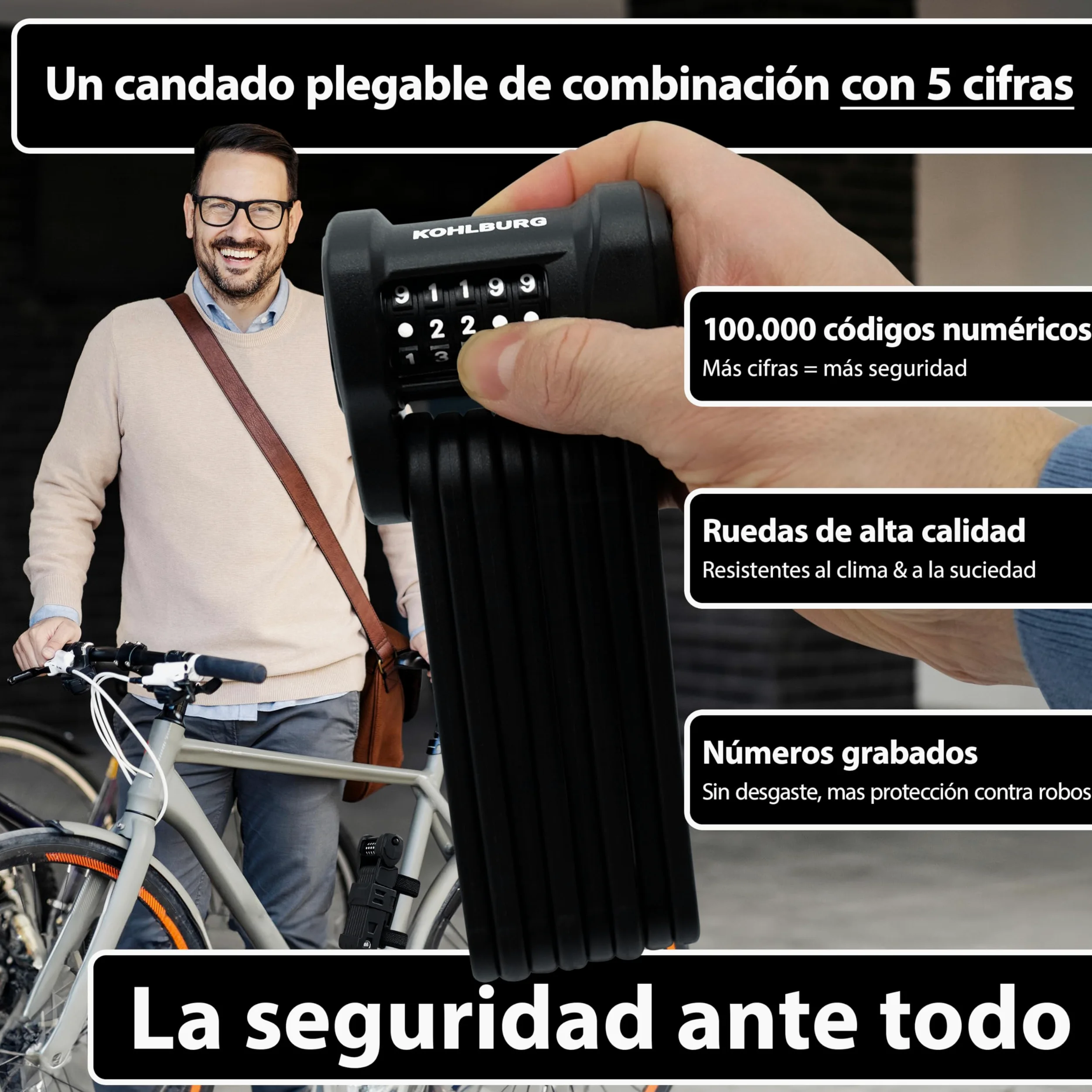 KOHLBURG Candado de bicicleta de combinación con código | 101 cm de largo | Repele cortapernos, código de 5 cifras, candado plegable con soporte, alta seguridad, para bicicleta, scooter y e-bike