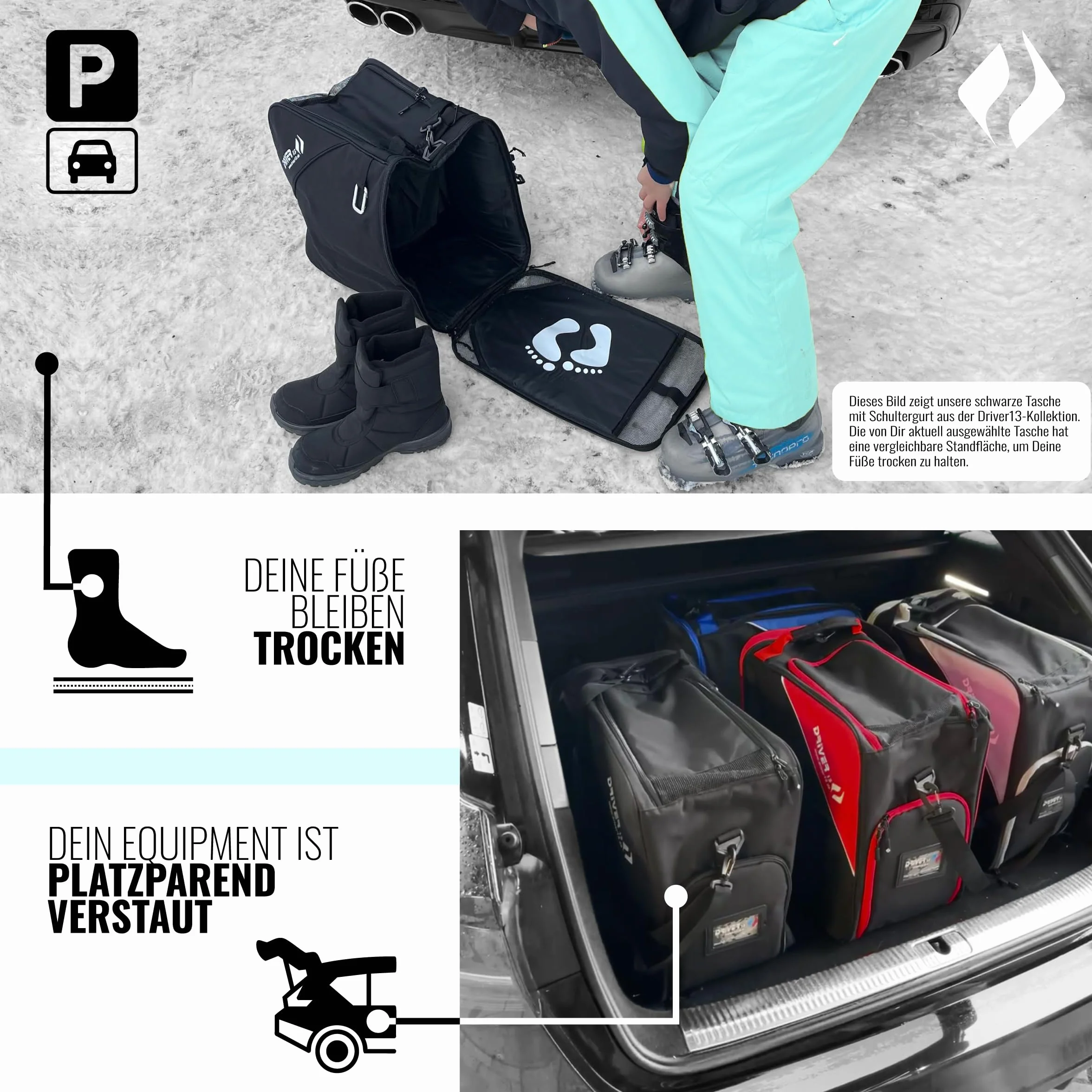 Driver13 Bolsa para Botas de esquí con Compartimento para Casco, Negro