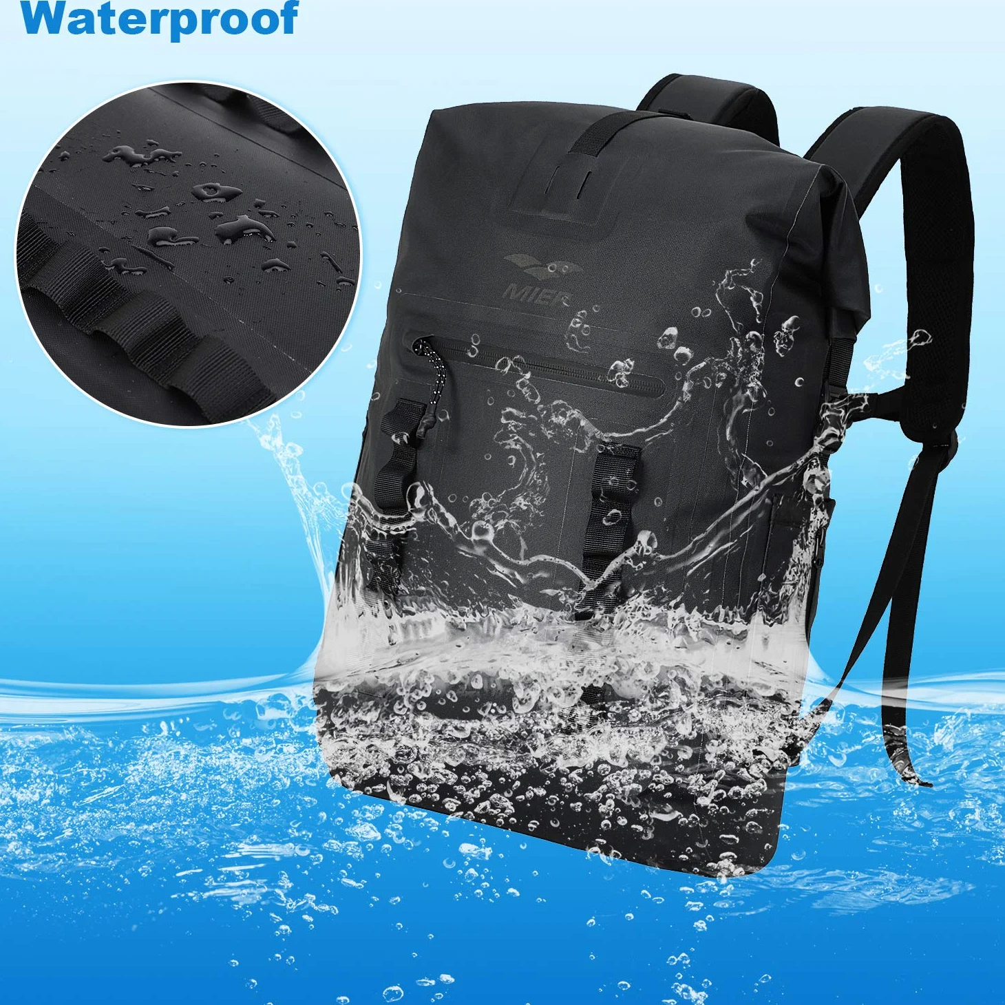 MIER Mochila Impermeable Dry Bag Resistente con Cierre Enrollable para Kayak, Playa, canotaje, natación, Surf, 30 L, Black, Bolsa Seca