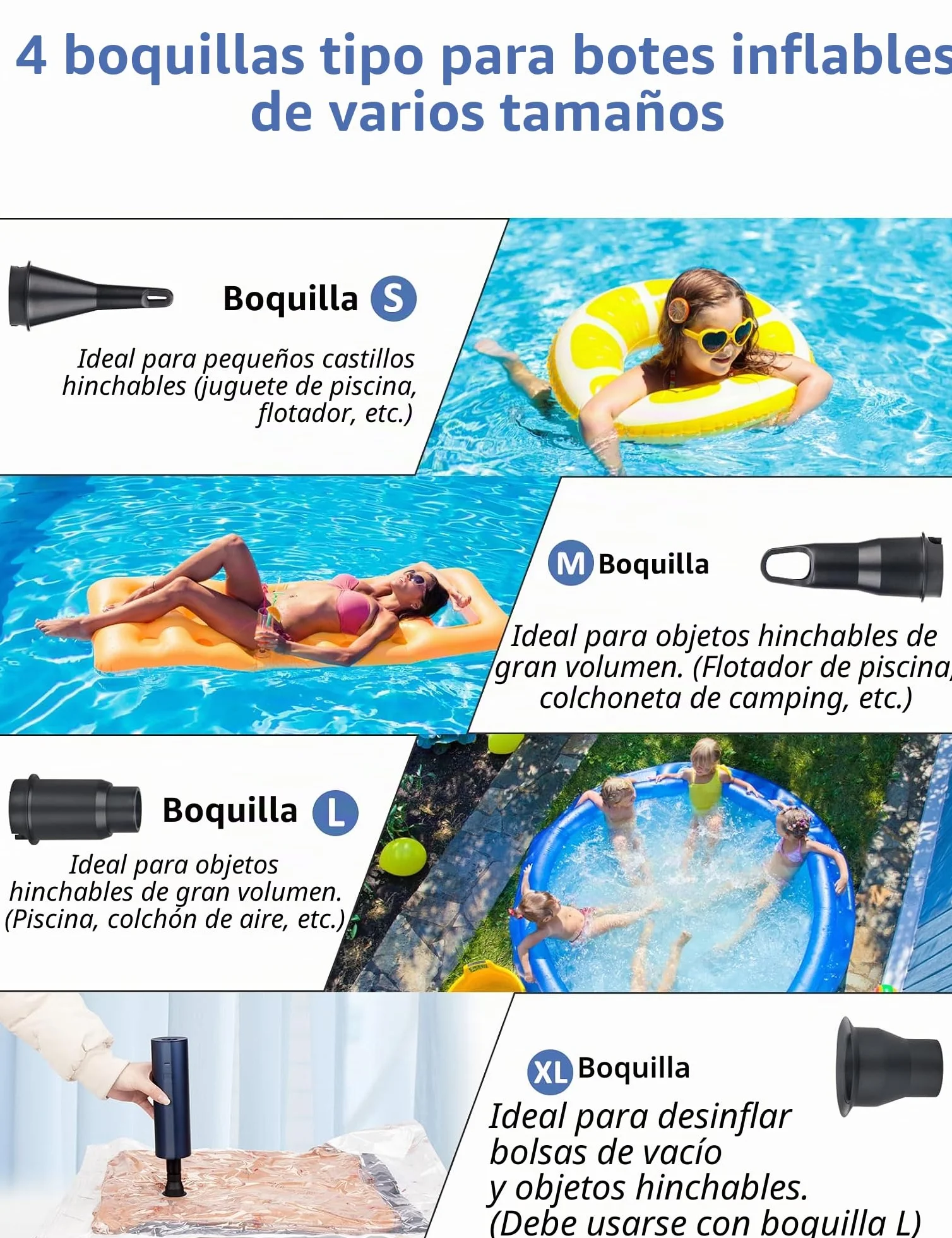 Inflador Eléctrico con Batería Recargable - Bomba para Colchón Hinchable, Paddle Surf, Kayak - Infla/Desinfla con 4 Boquillas