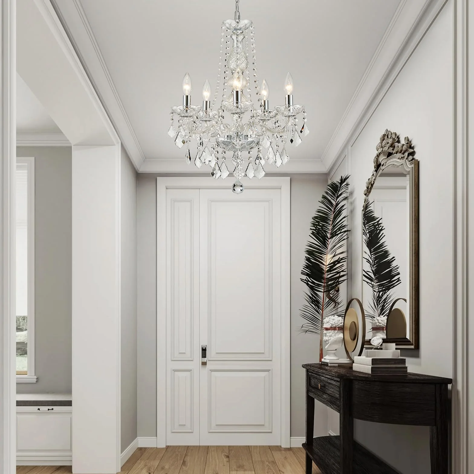 WUZUPS Crystal 5-Light Candle Chandelier Flushmount Chrome Ceiling Light, H 63.5cm x W 50.8cm, E14