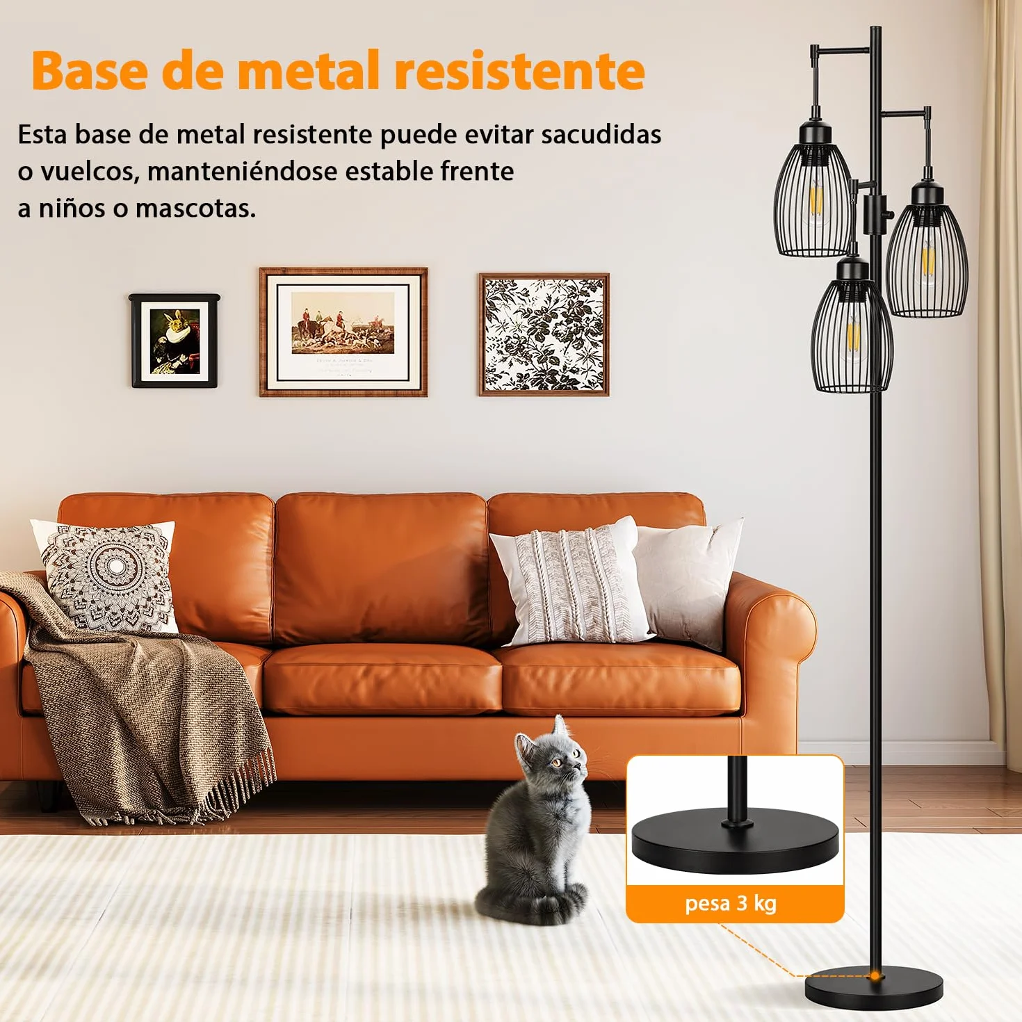 Lámpara de pie regulable Nintiue, 3 bombillas LED 800 lm, jaula lágrima, industrial granja, salón dormitorio oficina