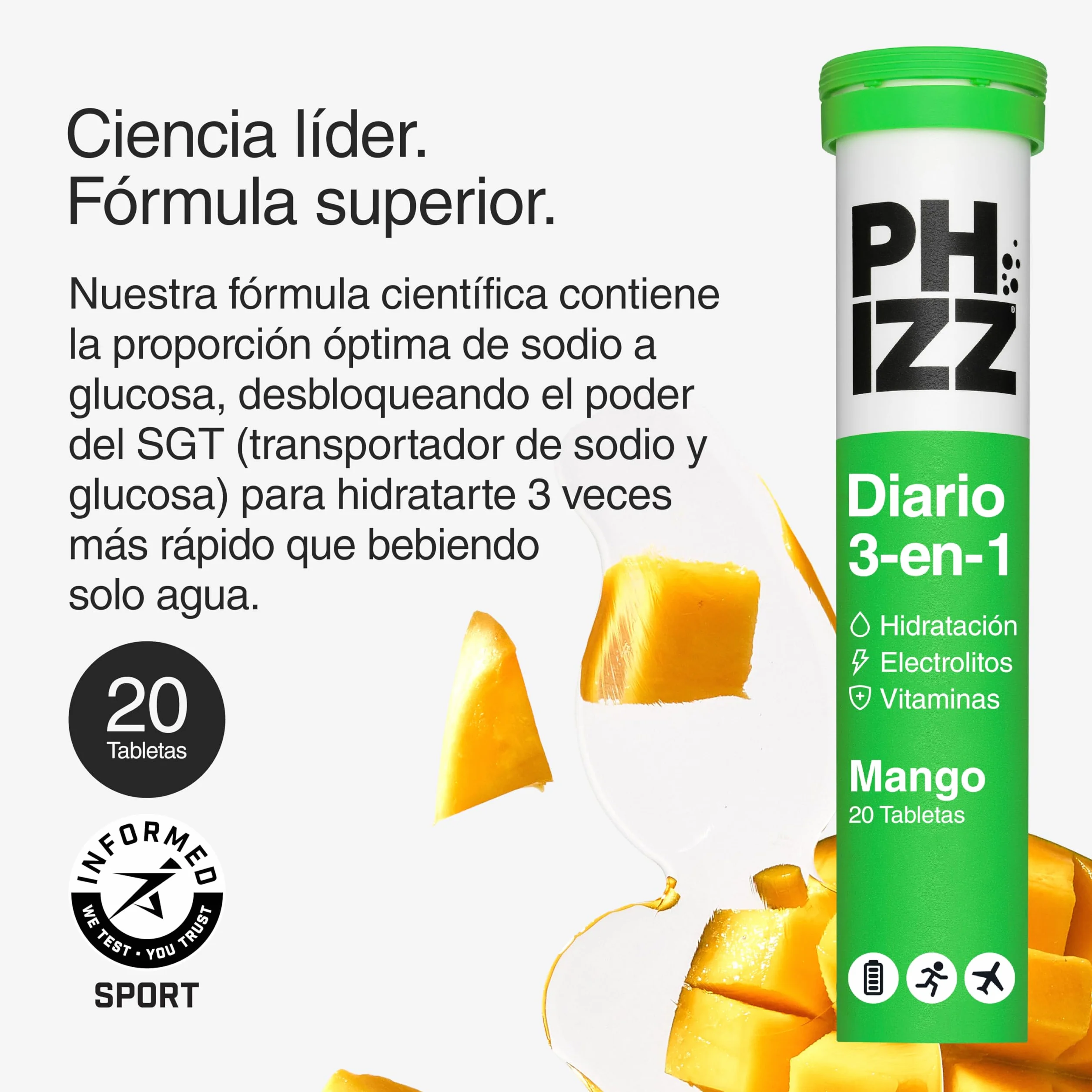 Phizz Electrolitos Multivitaminas e Hidratación Efervescente Comprimidos 18 Vitaminas y Minerales Vitamina C 60 Pastilla Mango