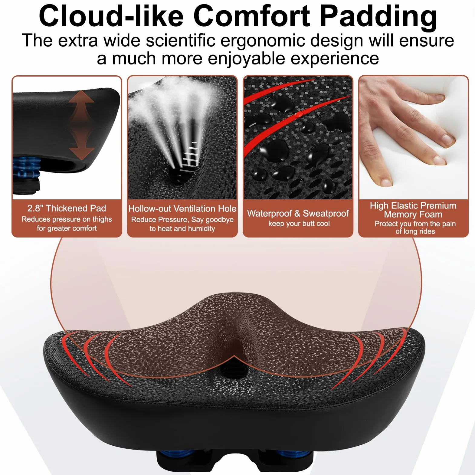 Asiento de Bicicleta de Gran tamaño Mejorado para Hombres y Mujeres, cojín de Asiento de Bicicleta Extra Ancho sin Nariz, Impermeable, cómodo sillín de Bicicleta de Espuma viscoelástica, Apto para