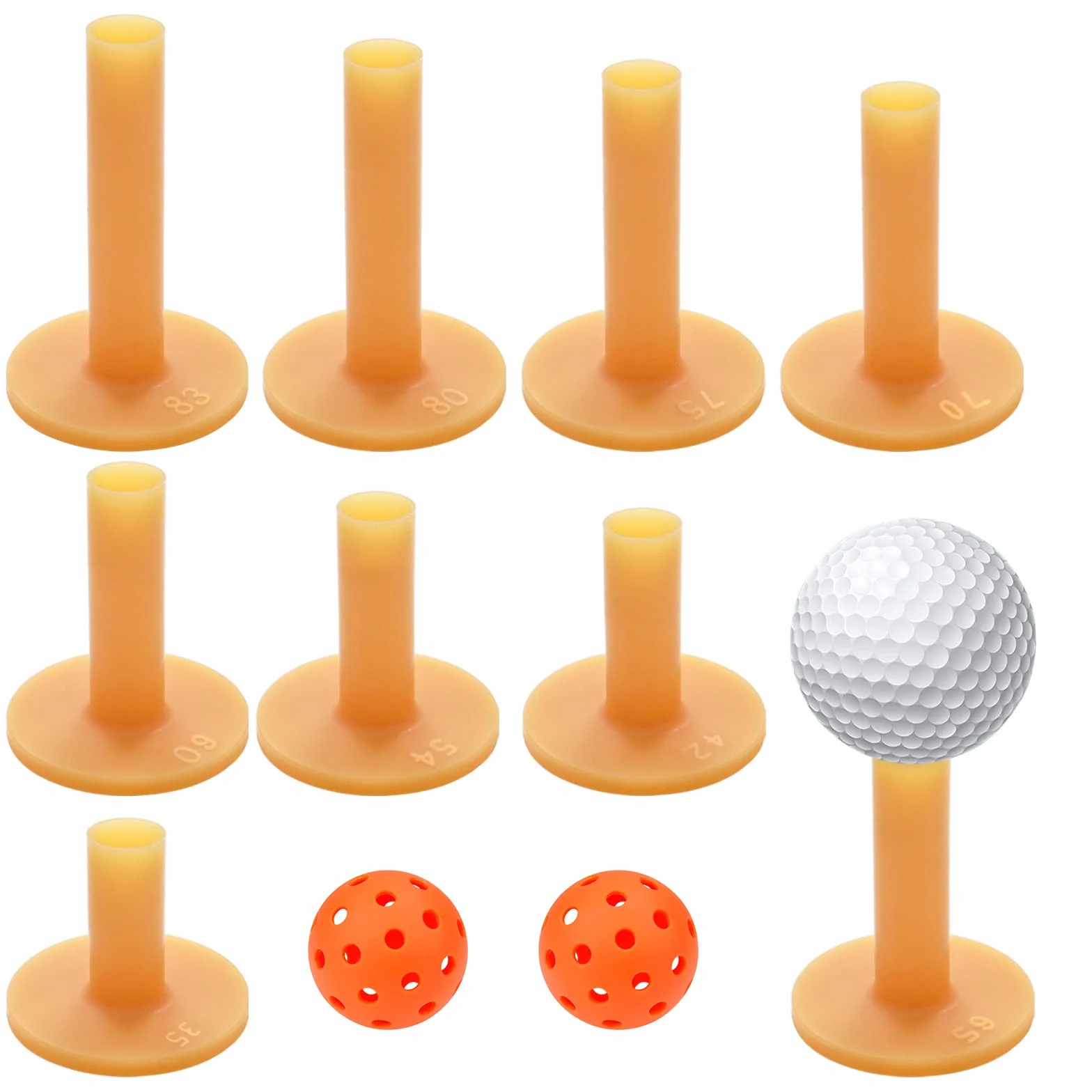 9 piezas de goma de golf Tees de Golf Tees 9 diferentes tamaños 35 mm/42 mm/54 mm/60 mm/65 mm/70 mm/75 mm/80 mm/83 mm, con 2 bolas perforadas de colores aleatorios (amarillo té)