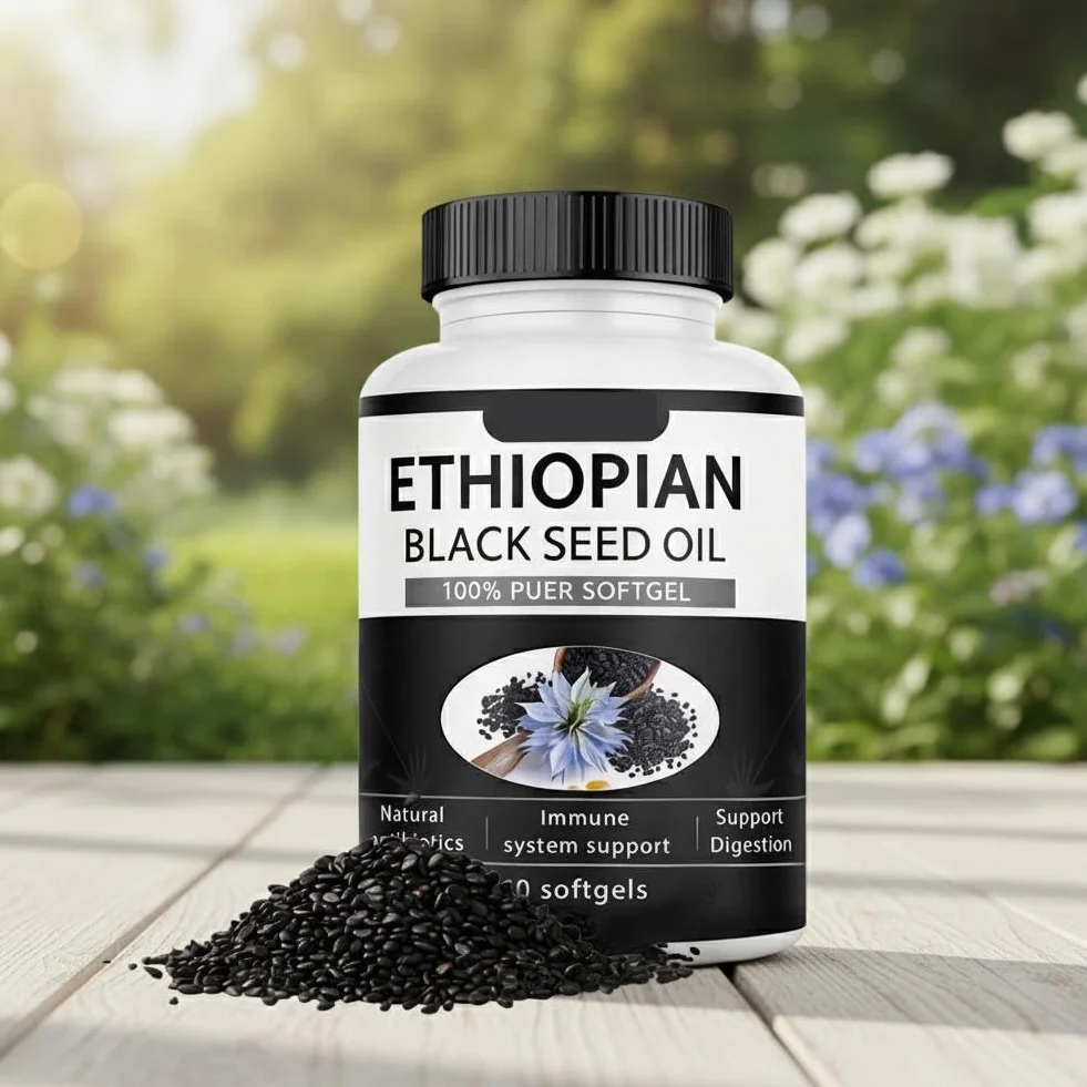 Cápsulas de aceite de semilla negra etíope puramente orgánico 4,64% timoquinona prensado en frío sin OMG sin gluten 60